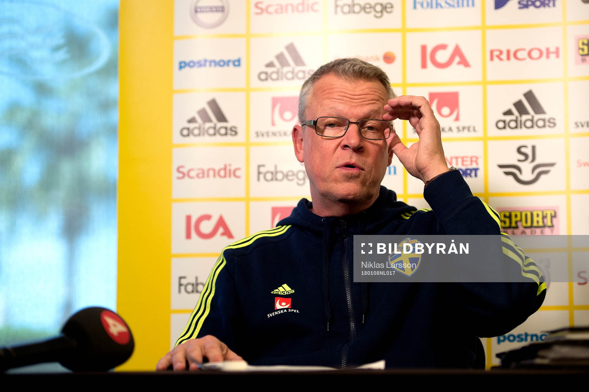 Sveriges förbundskapten Janne Andersson vid en presskonferens under det svenska fotbollslandslagets januariturné den 8 januari 2018 i Abu Dhabi.