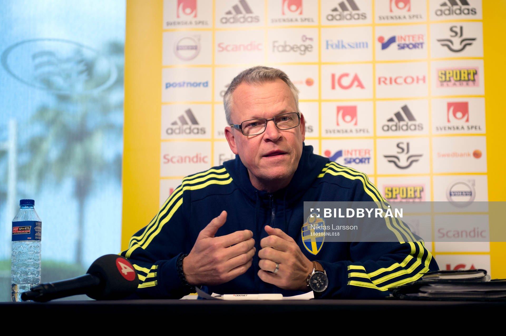 Sveriges förbundskapten Janne Andersson vid en presskonferens under det svenska fotbollslandslagets januariturné den 8 januari 2018 i Abu Dhabi.
