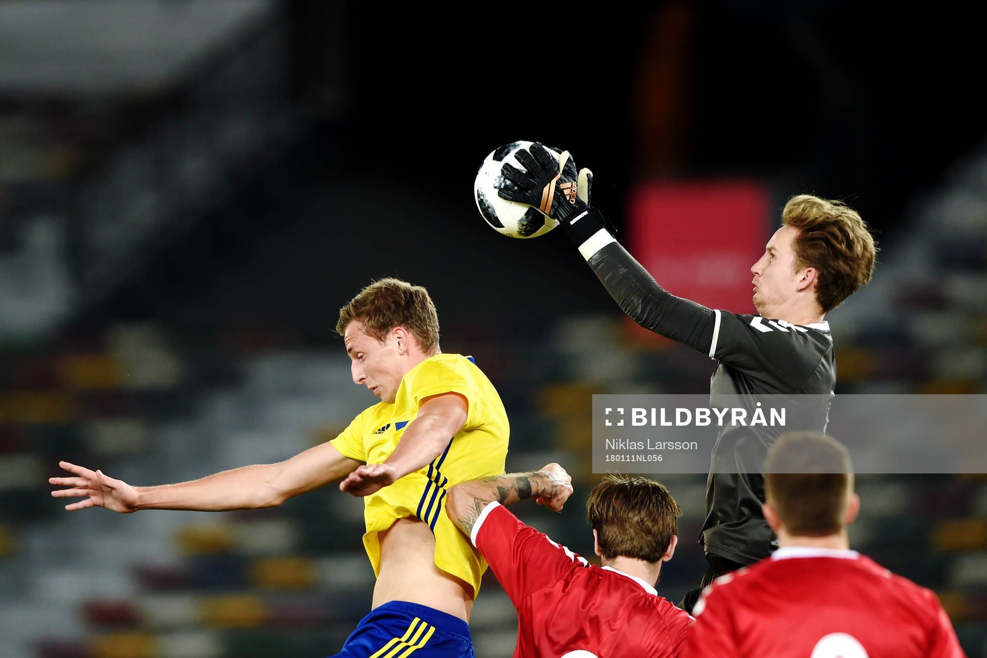 Sveriges Gustaf Nilsson och Danmarks målvakt Fredrik