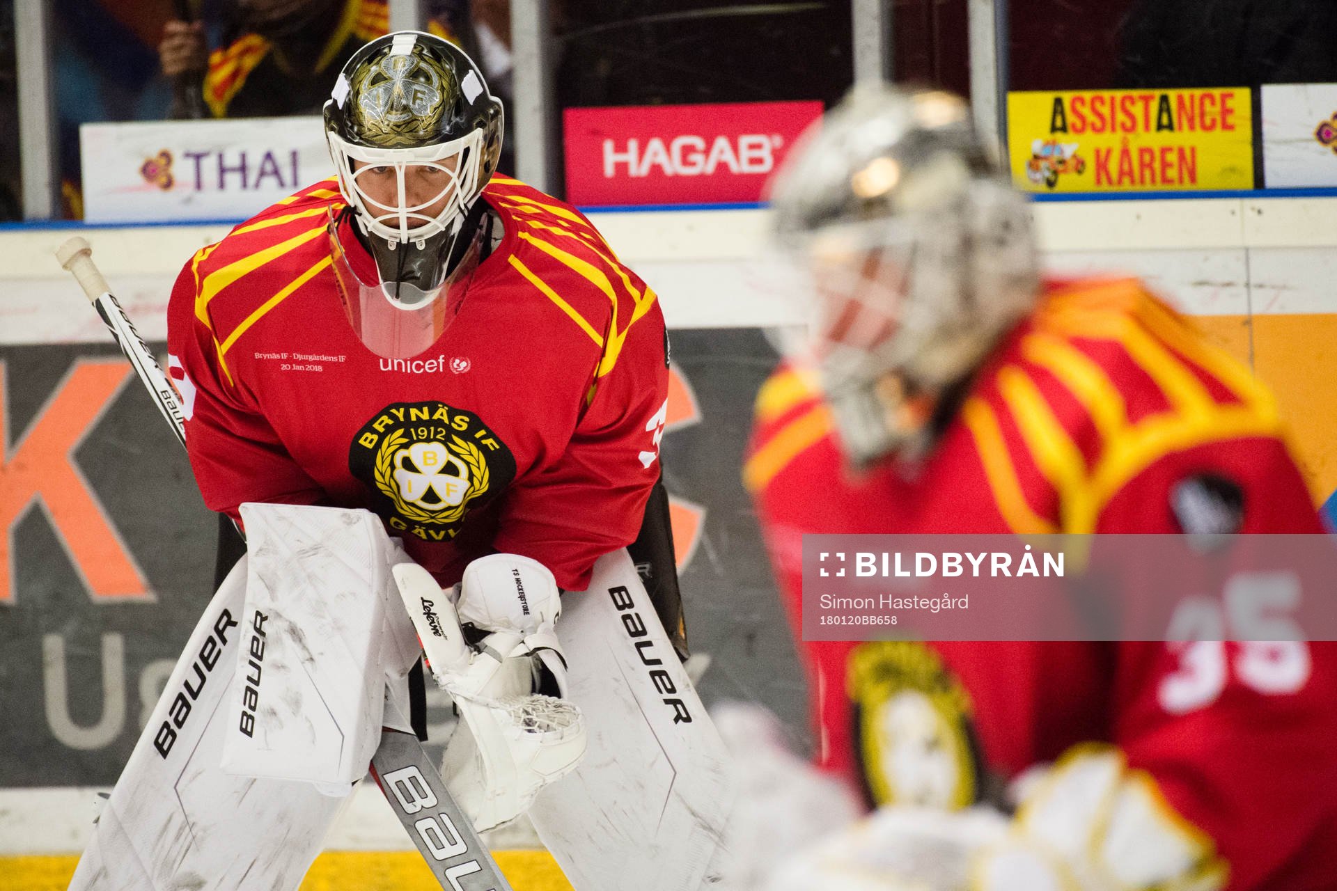 Brynäs målvakt Linus Fernström och målvakt David Rautio