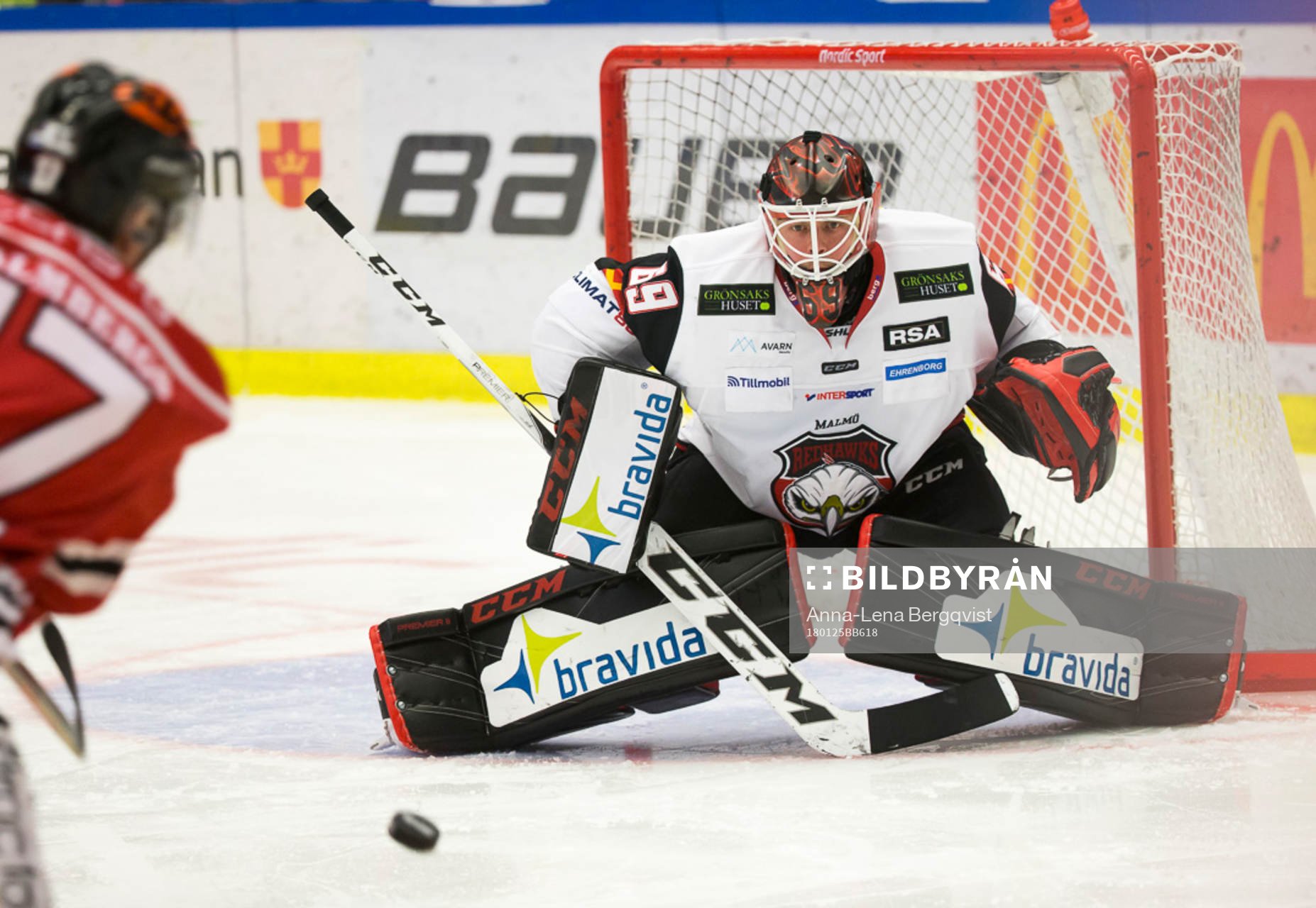 Malmö Redhawks målvakt Oscar Alsenfelt fokuserar puck