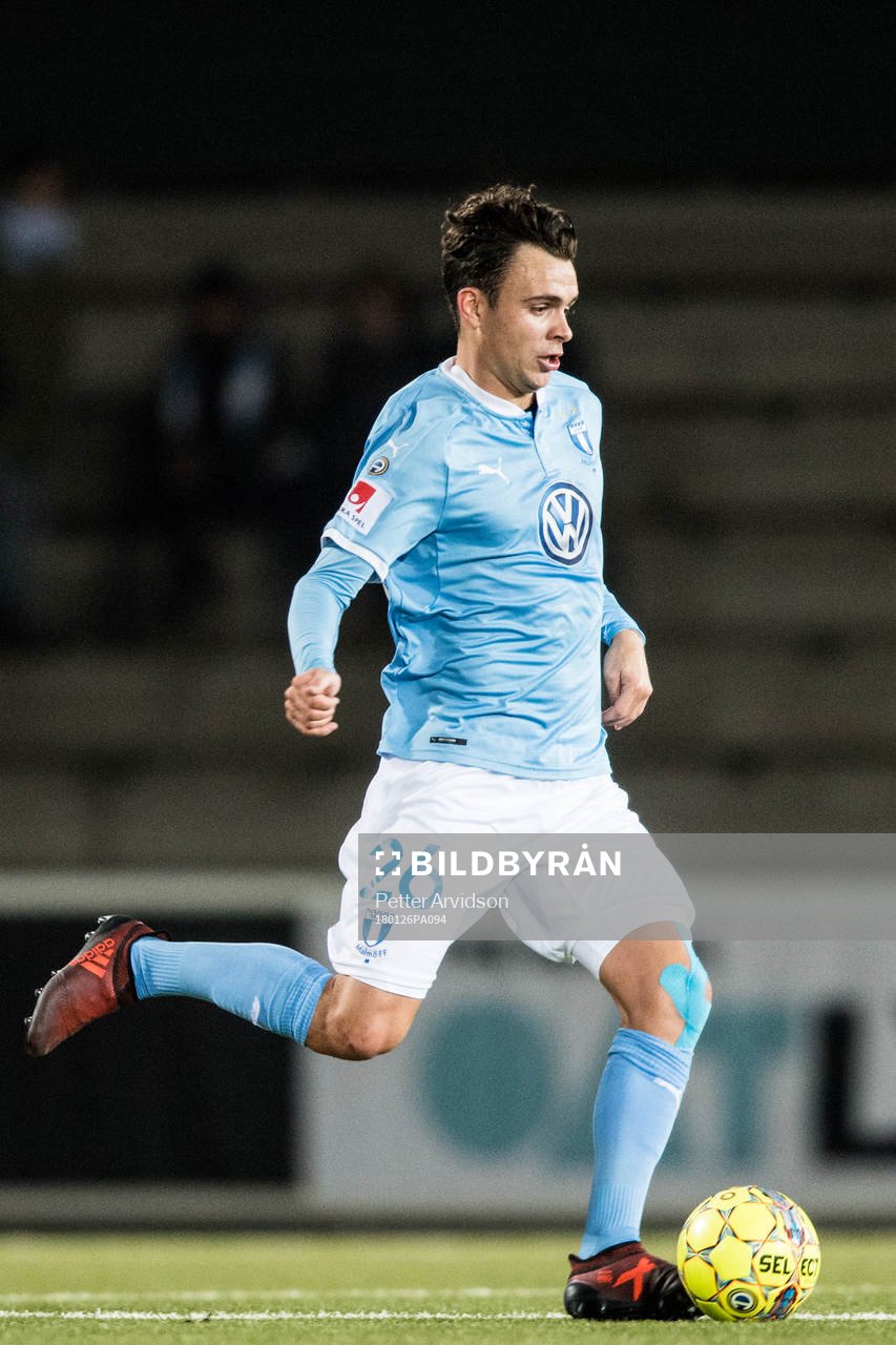Malmö FFs Andreas Vindheim under en träningsmatch i fotboll mellan Malmö FF och Flora den 26 januari 2018 i Malmö.