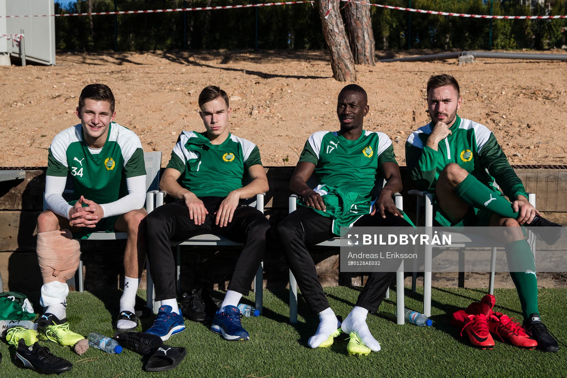 Hammarbys Leo Bengtsson, Dusan Jajic, Pa Amat Dibba och Muamer Tankovic efter en träning den 28 januari 2018 i Loule. 

