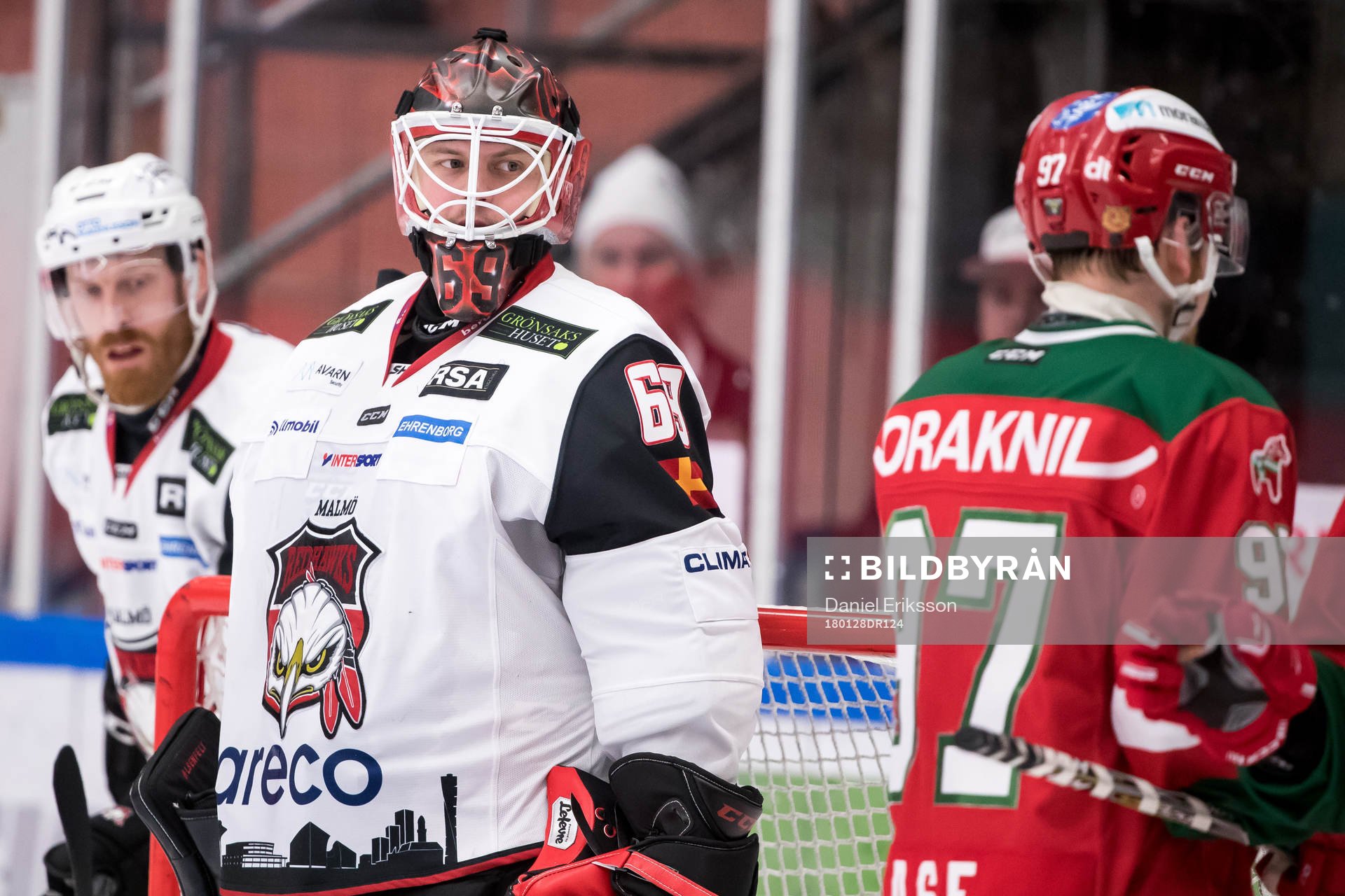 Malmö Redhawks målvakt Oscar Alsenfelt  i ishockeymatchen