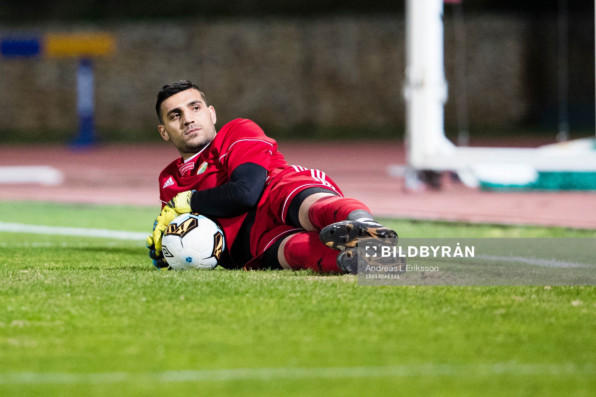 Dalkurds målvakt Abdulaziz Demircan under en träningsmatch i fotboll mellan Shamrock Rovers och Dalkurd den 30 januari 2018 i Lagoa.