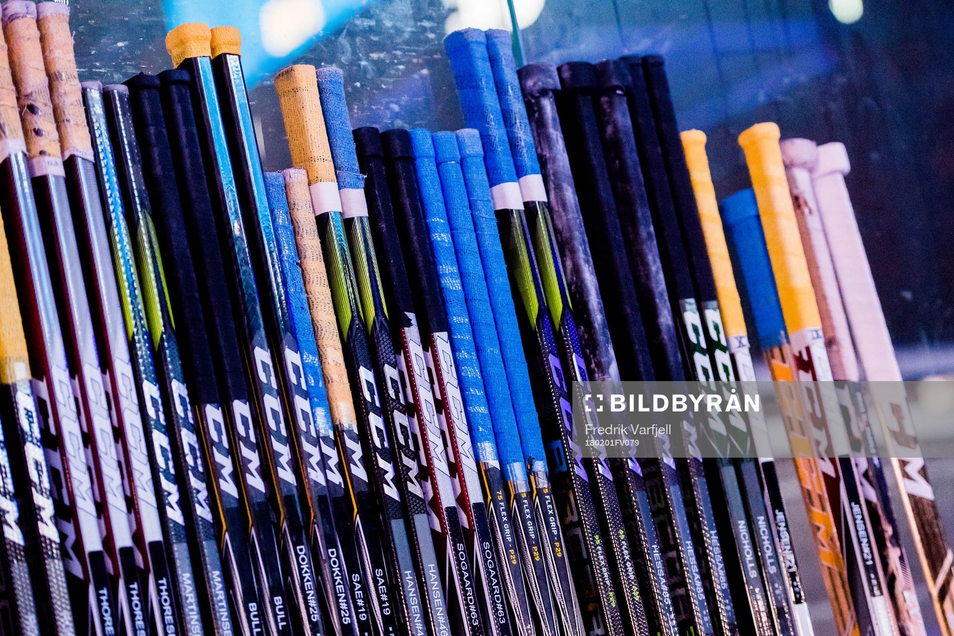 Hockey sticks lined up