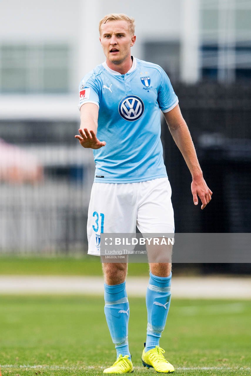 Malmö FFs Franz Brorsson under en träningsmatch i fotboll mellan Malmö FF och New England Revolution den 3 februari 2018 i Bradenton.