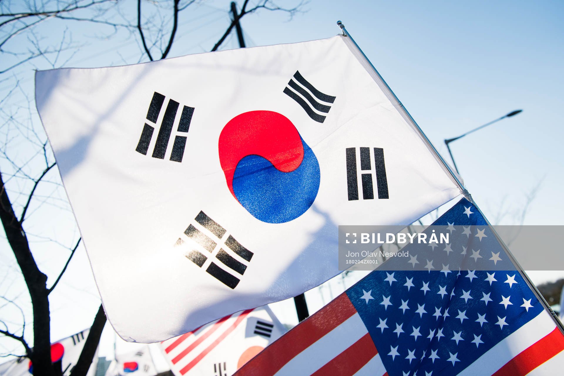 The flags of South Korea and the United States is seen