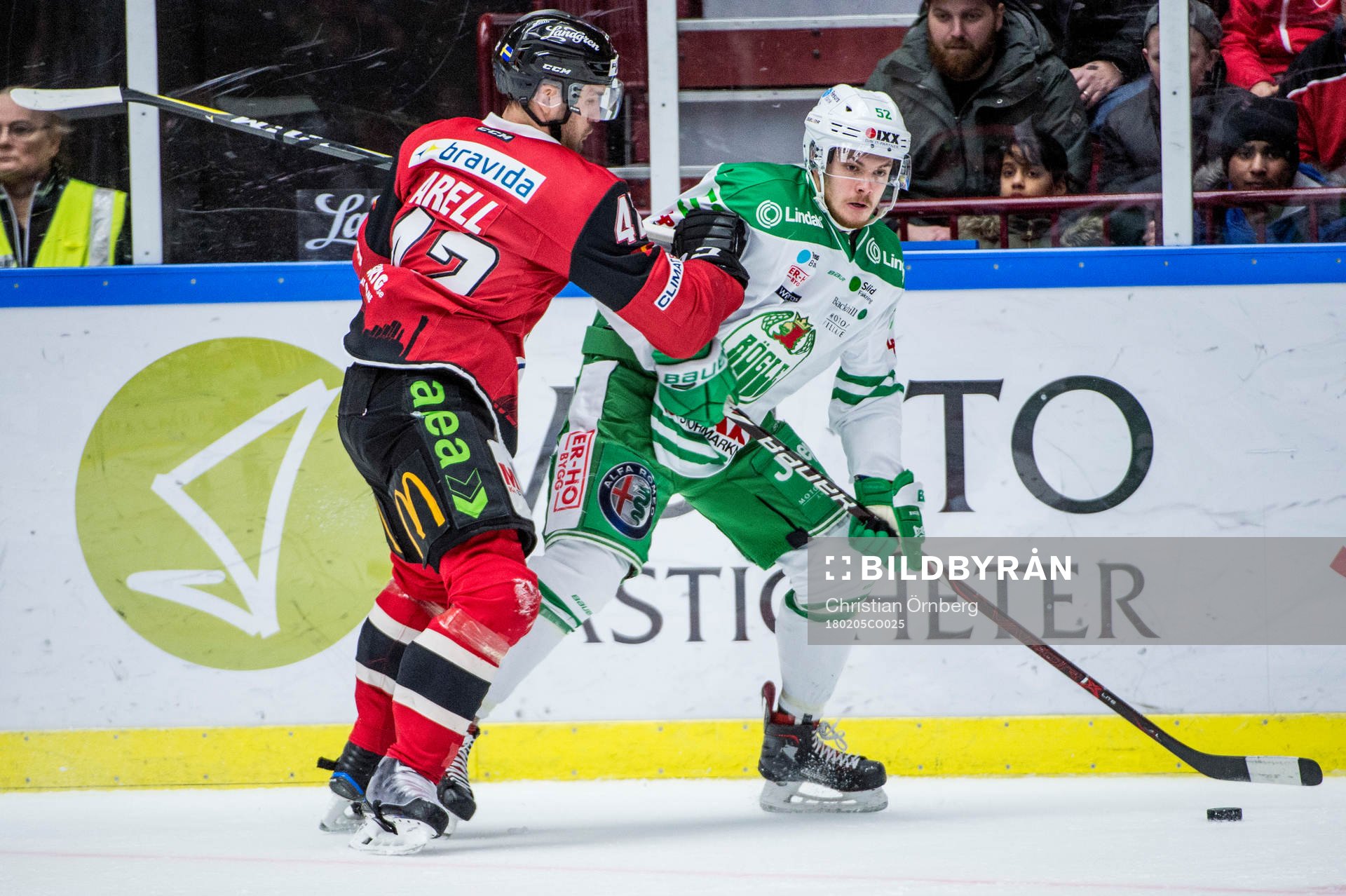 Malmö Redhawks Niklas Arell mot Rögles Lucas Elvenes