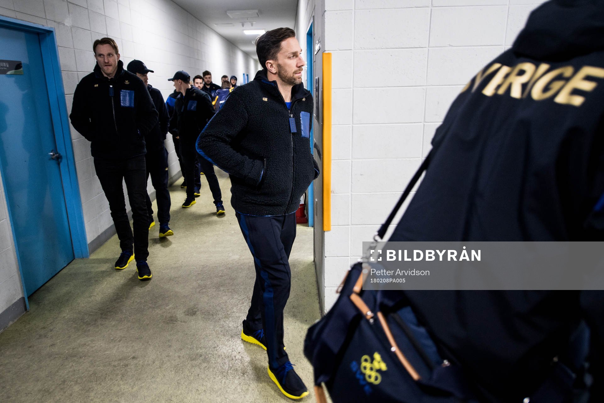 Staffan Kronwall and Joel Lundqvist of Sweden arrives to