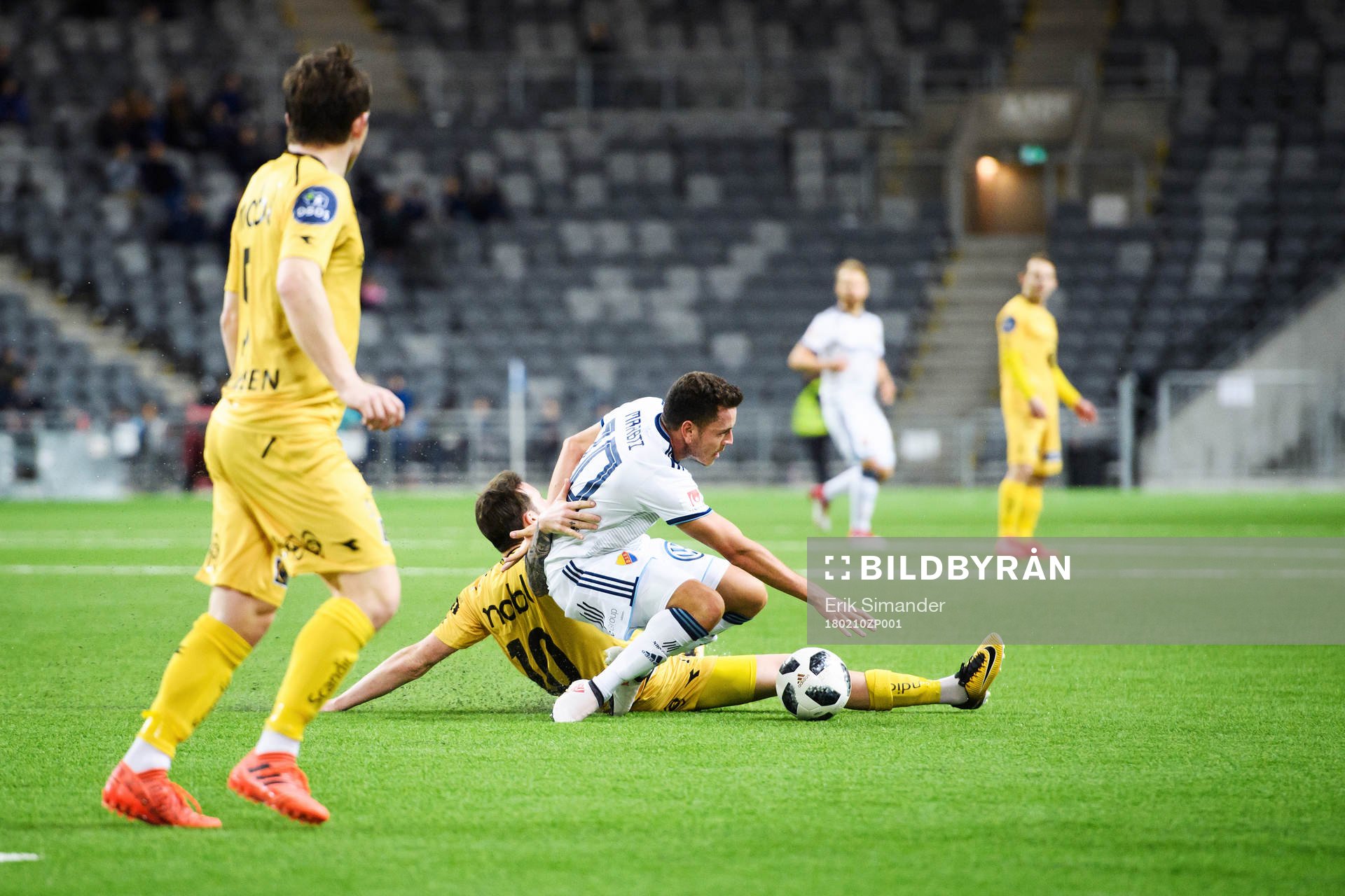 Djurgårdens Kerim Mrabti blir fälld under en träningsmatch i fotboll mellan Djurgården och Bodö/Glimt den 10 februari 2018 i Stockholm.