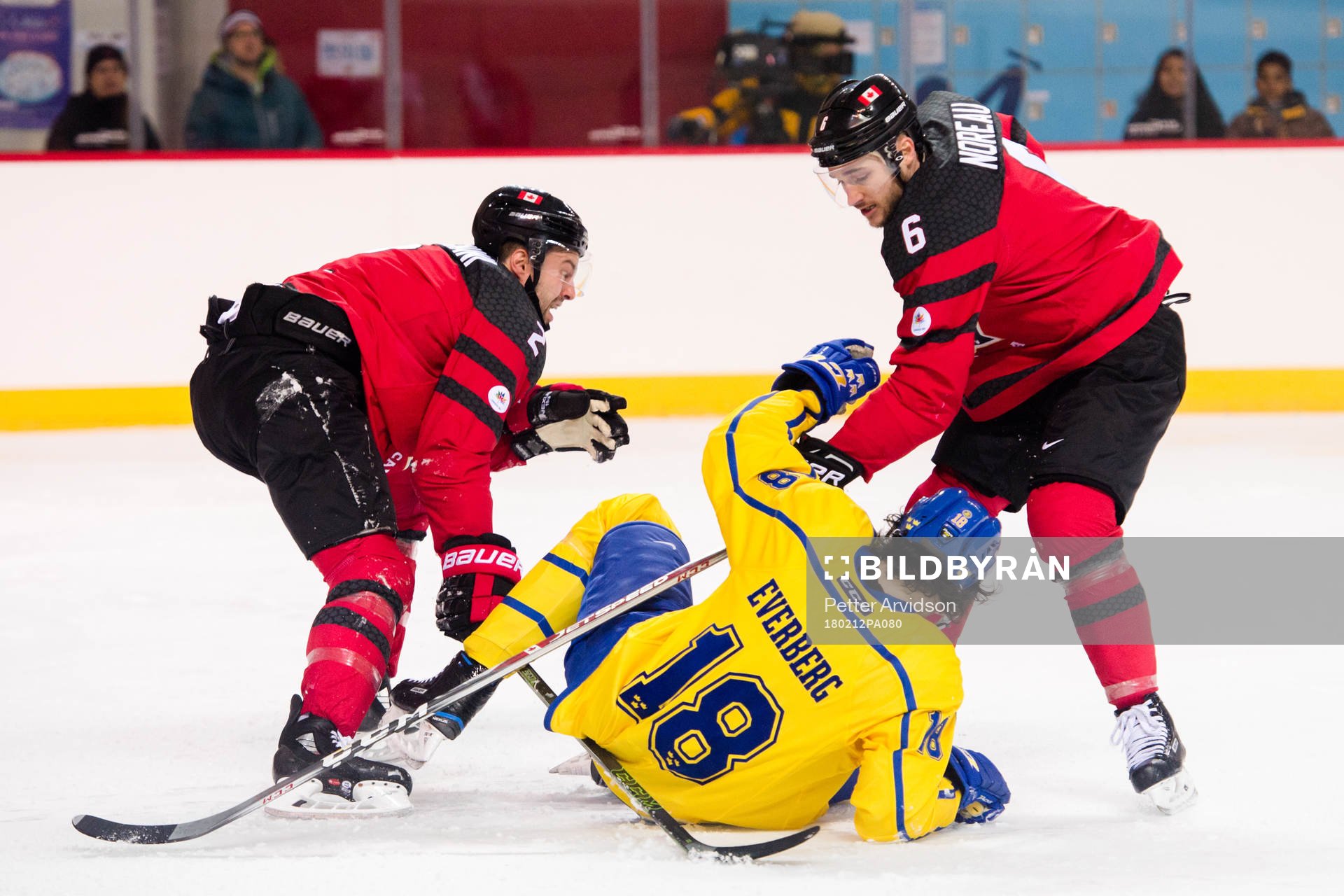 Marc-Andre Gragnani and Maxim Noreau of Canada against