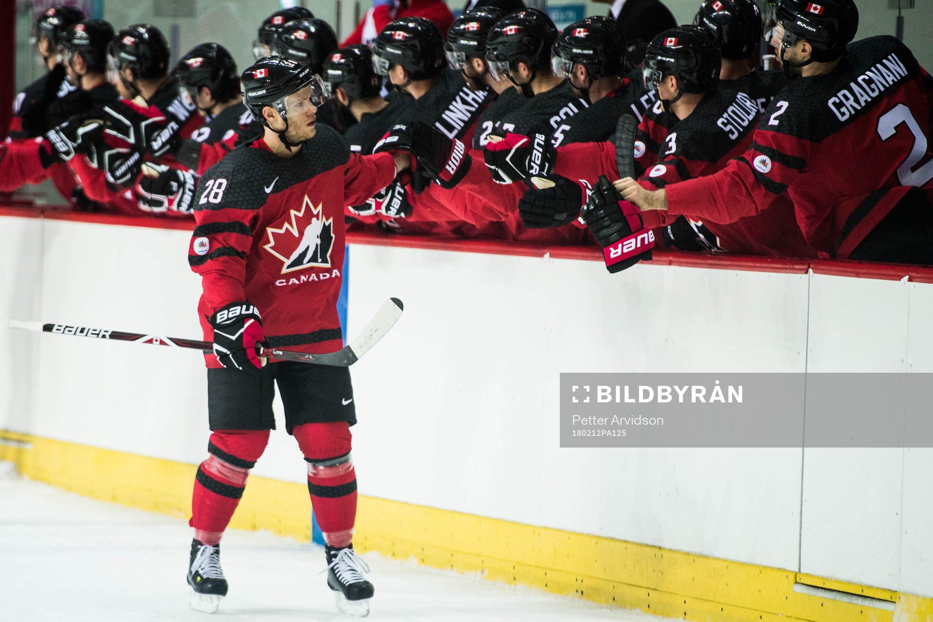 Mat Robinson of Canada celebrates with teammates