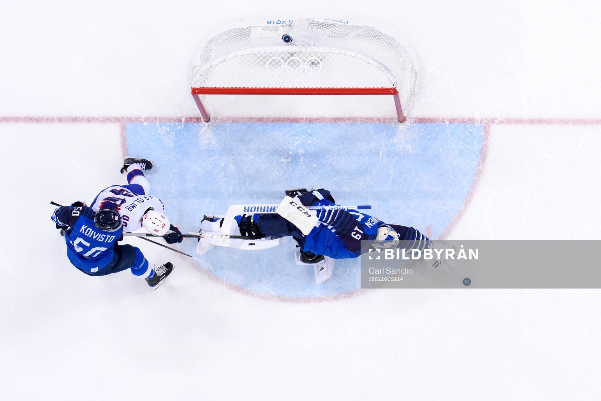 Goaltender Mikko Koskinen of Finland throws himself