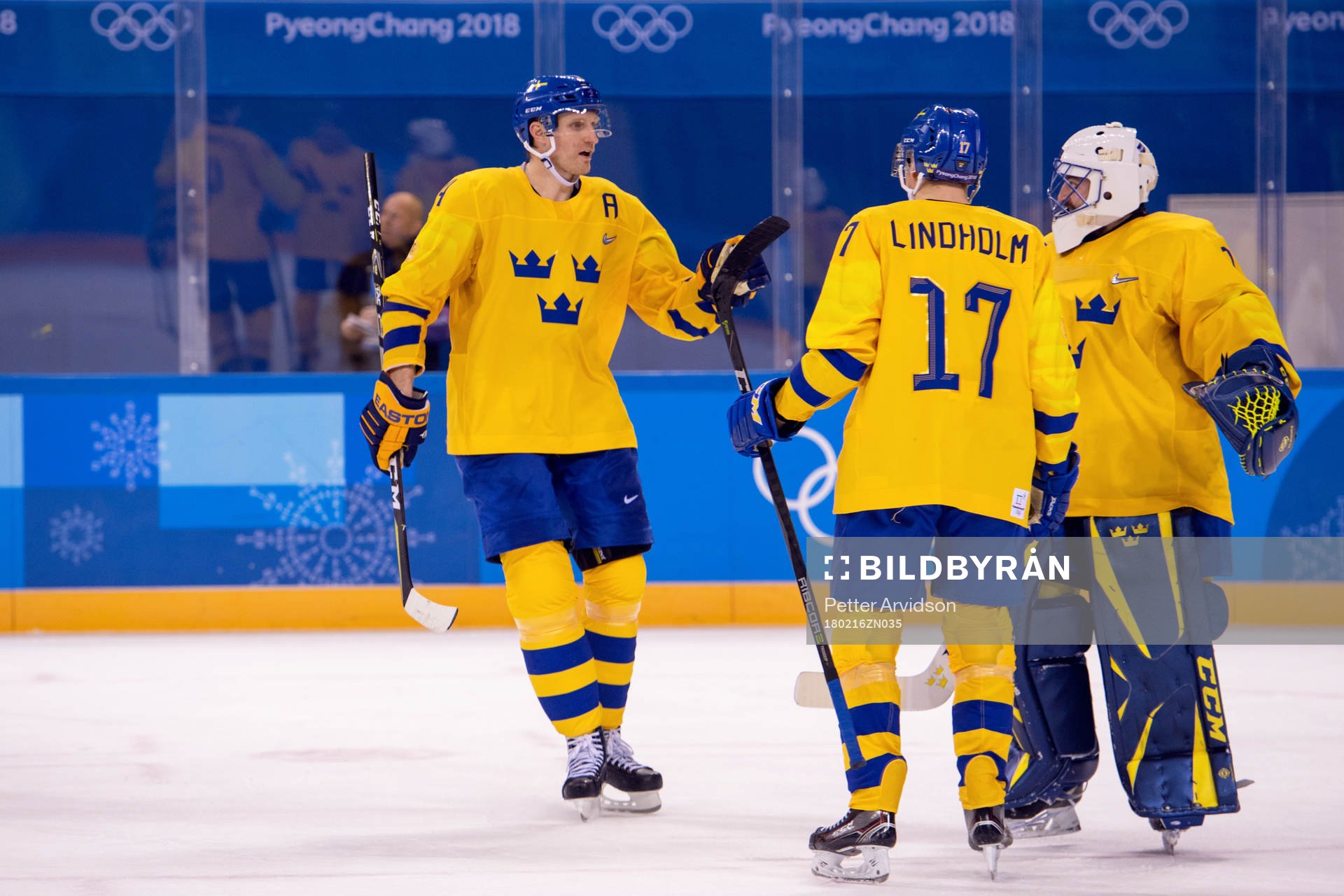 Staffan Kronwall, Pär Lindholm of Sweden and Goaltender