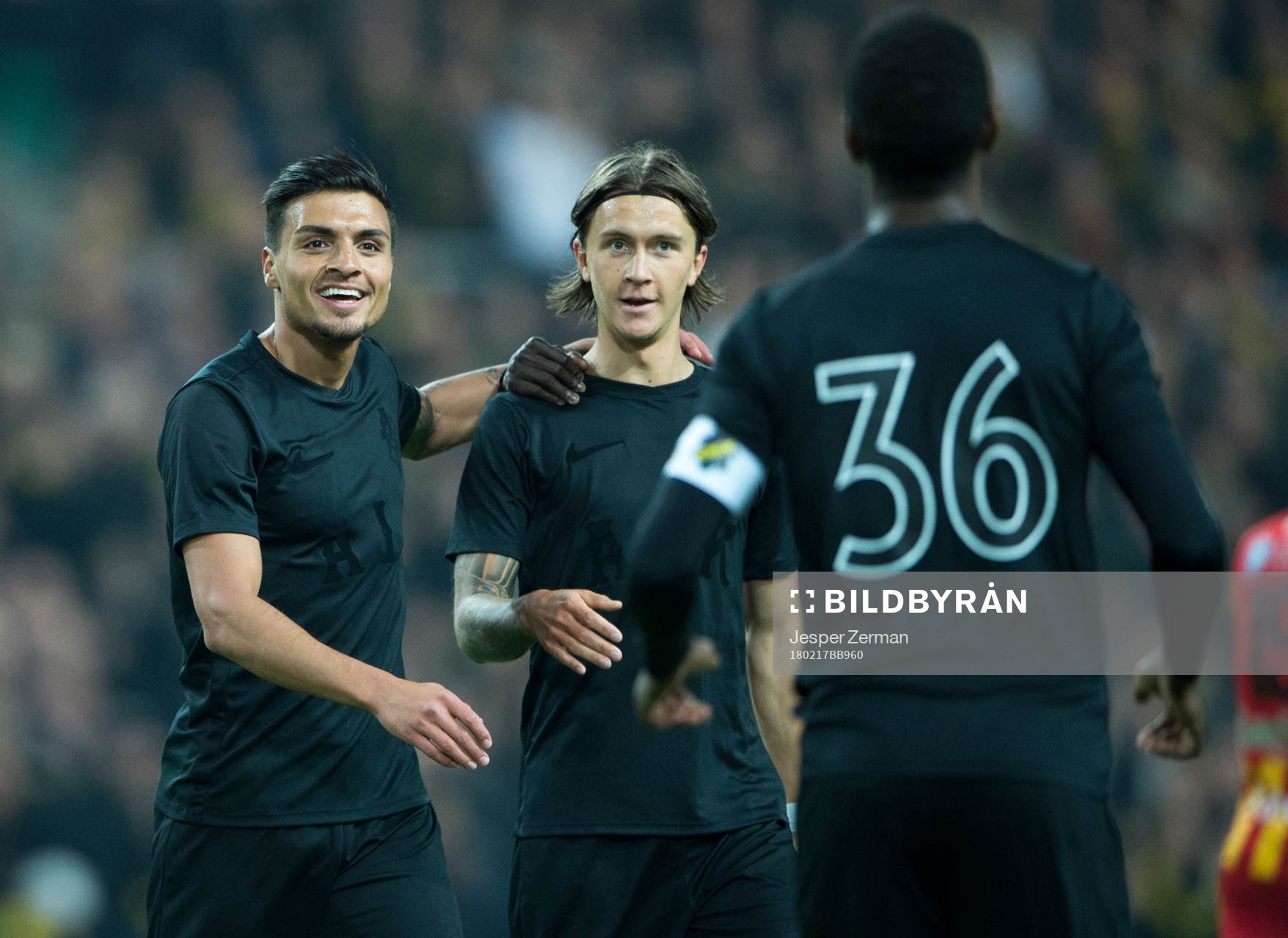AIK:s målskytt Henok Goitom (th) jublar efter sitt 1-0 mål tillsammans med Ahmed Yasin (tv) och Kristoffer Olsson (mitten) under fotbollsmatchen i Svenska cupen mellan AIK och Syrianska den 17 februari 2018 i Stockholm.