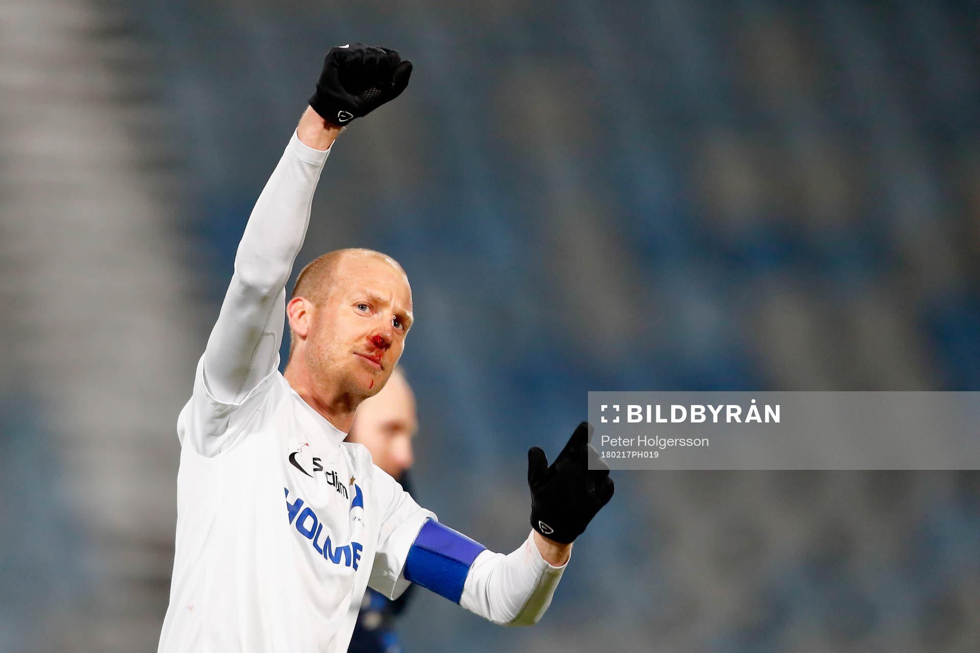 Norrköpings Andreas Johansson jublar med blodig näsa under fotbollsmatchen i Svenska Cupen mellan IFK Norrköping och Helsingborg den 17 februari 2018 i Norrköping.