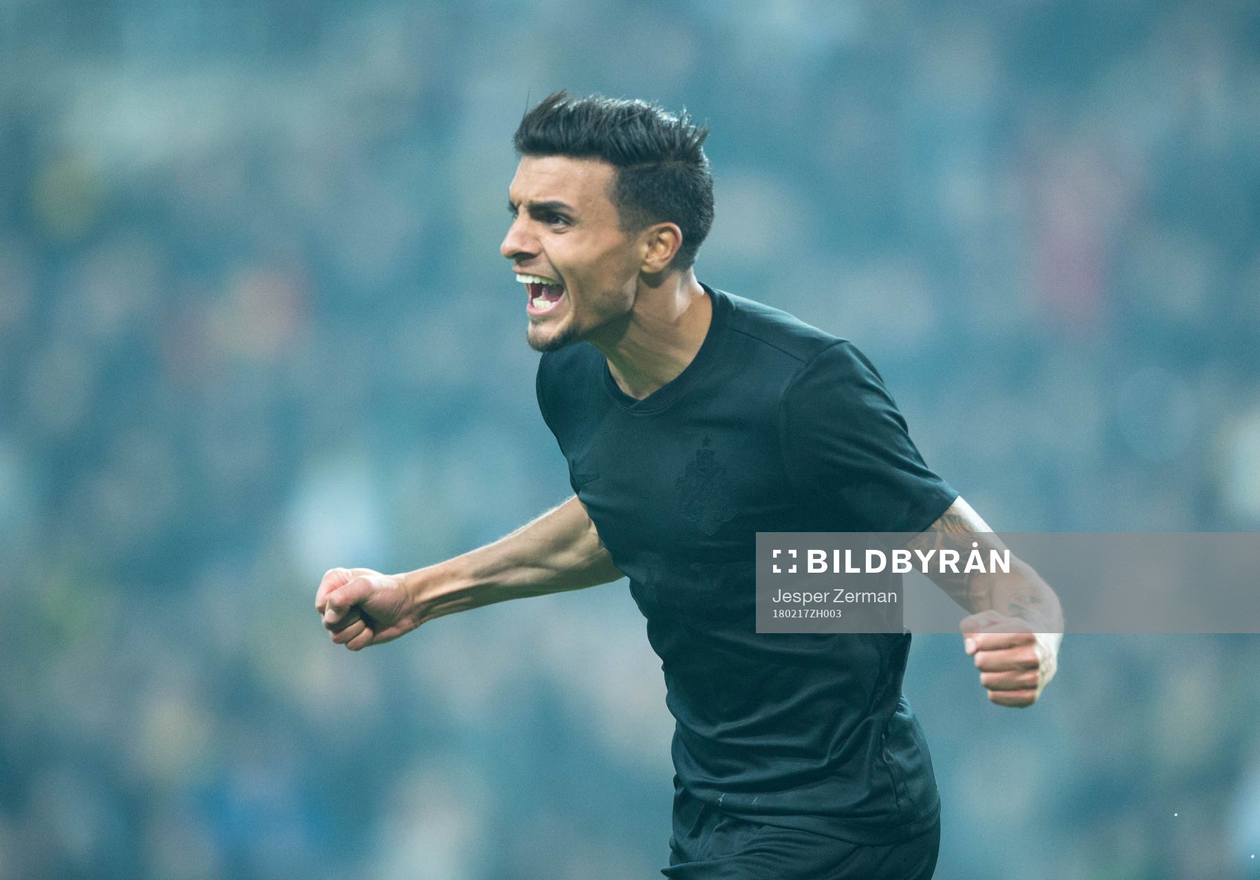 AIK:s Ahmed Yasin jublar efter sitt 2-1 mål under fotbollsmatchen i Svenska cupen mellan AIK och Syrianska den 17 februari 2018 i Stockholm.