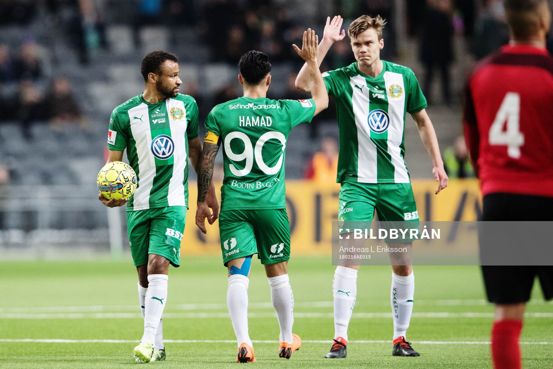 Hammarbys Serge-Junior Martinsson Ngouali och Marcus Degerlund jublar med Jiloan Hamad som gjort 0-2-målet under fotbollsmatchen i Svenska cupen mellan Vasalund och Hammarby den 18 februari 2018 i Stockholm.