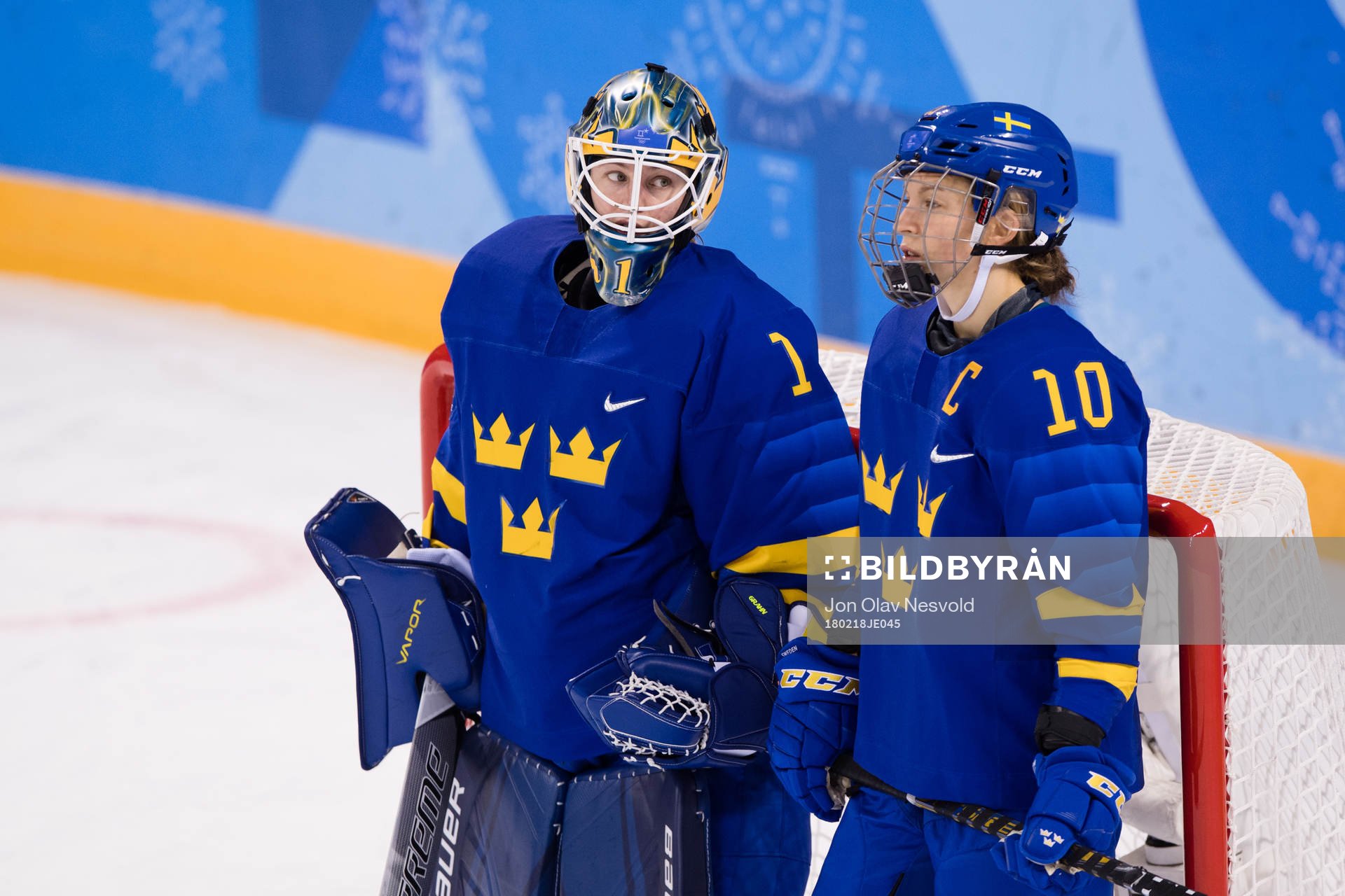 Goaltender Sara Grahn and Emilia Ramboldt of Sweden  in the