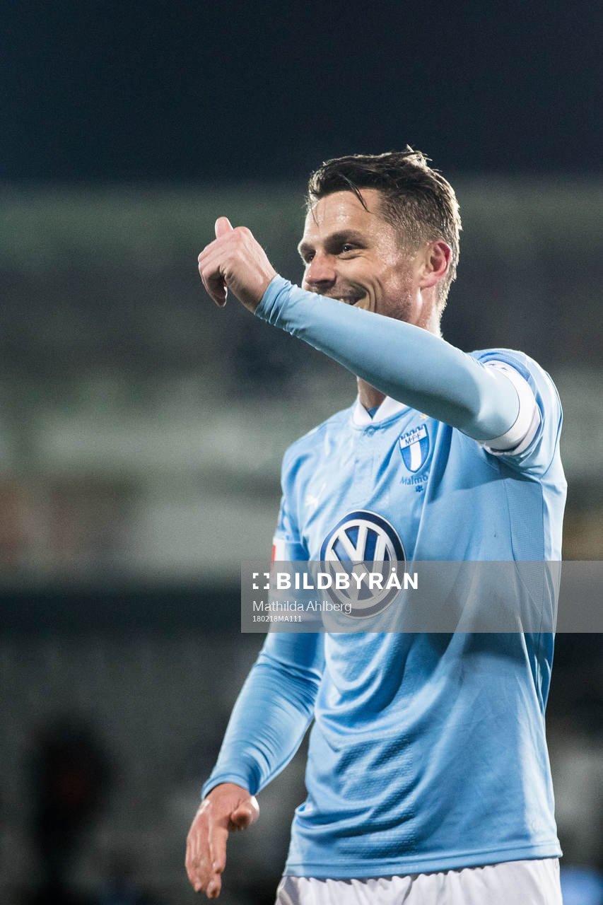 Malmö FFs Markus Rosenberg jublar efter fotbollsmatchen i Svenska cupen mellan Malmö FF och Dalkurd den 18 februari 2018  i Malmö.