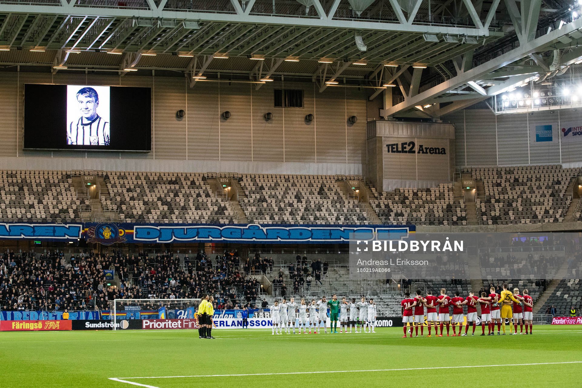En tystminut för att hedra före detta Djurgårdsspelaren Peder Persson innan fotbollsmatchen i Svenska cupen mellan Djurgården och Degerfors den 19 februari 2018 i Stockholm.
