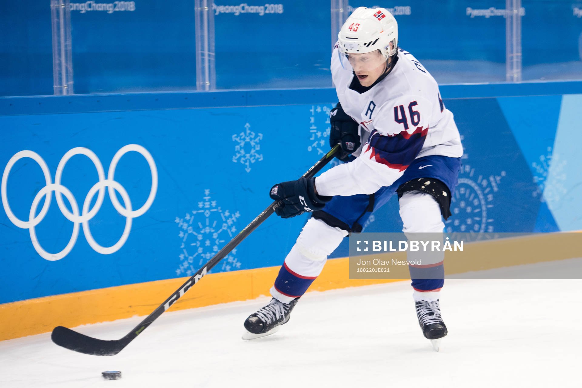 Mathis Olimb of Norwa in the Men's Ice Hockey Playoff match
