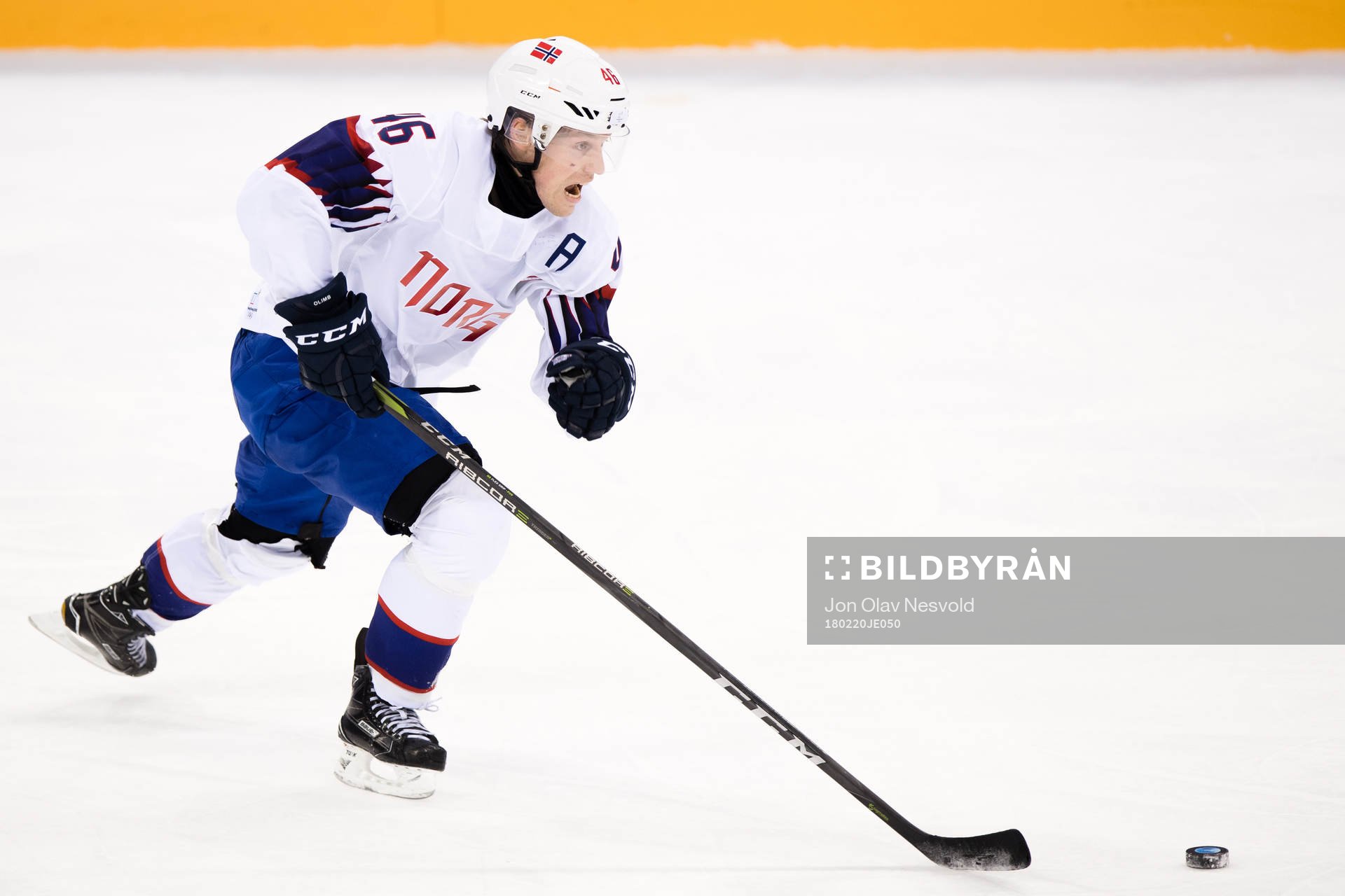 Mathis Olimb of Norwa in the Men's Ice Hockey Playoff match