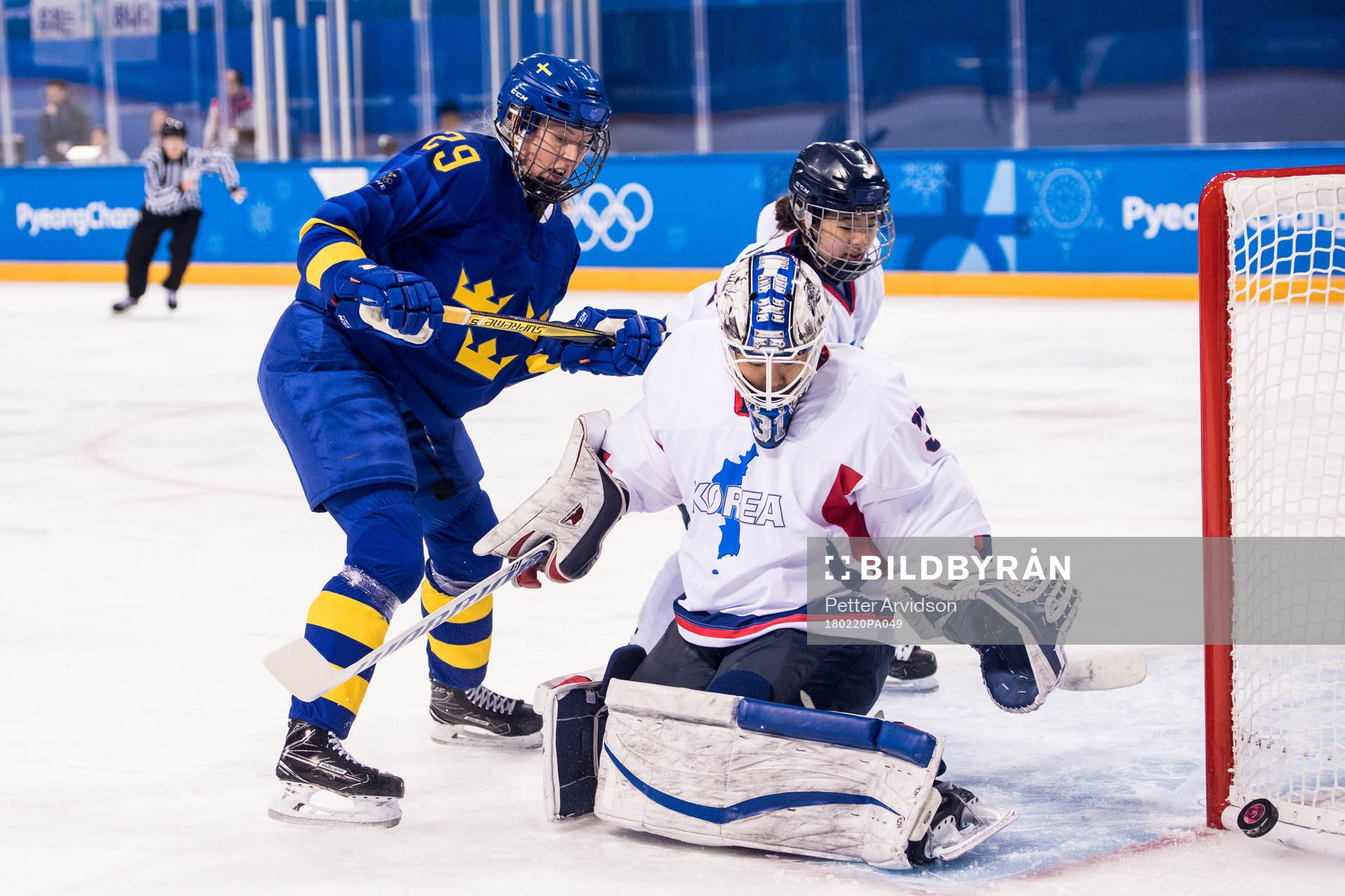 Olivia Carlsson of Sweden in action with goaltender Shin So