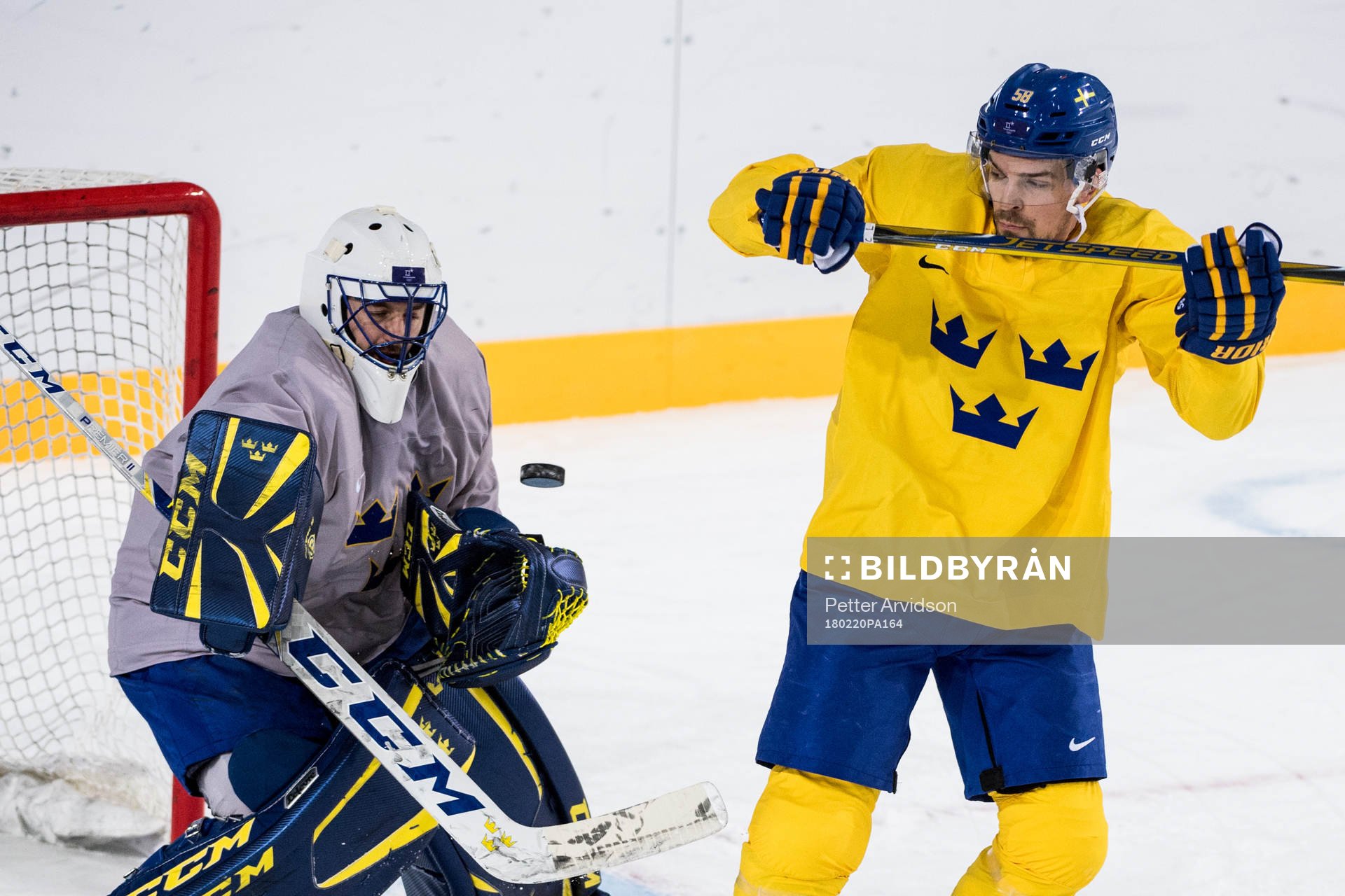 Goaltender Jhonas Enroth of Sweden and Anton Lander of