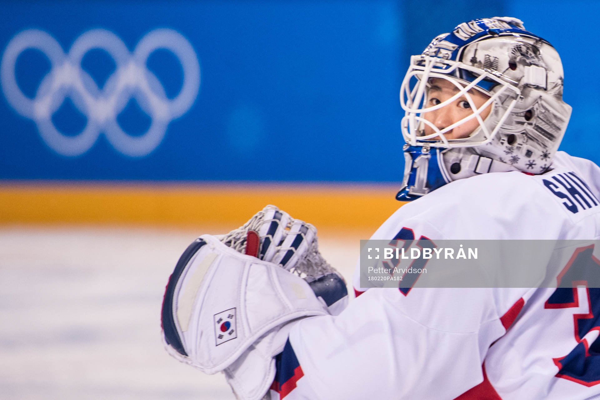 Goaltender Shin So Jung of Korea in the Women's Ice Hockey