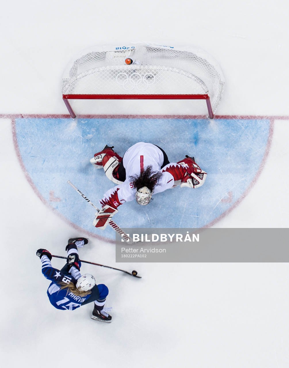 Gigi Marvin of USA against Goaltender Shannon Szabados of