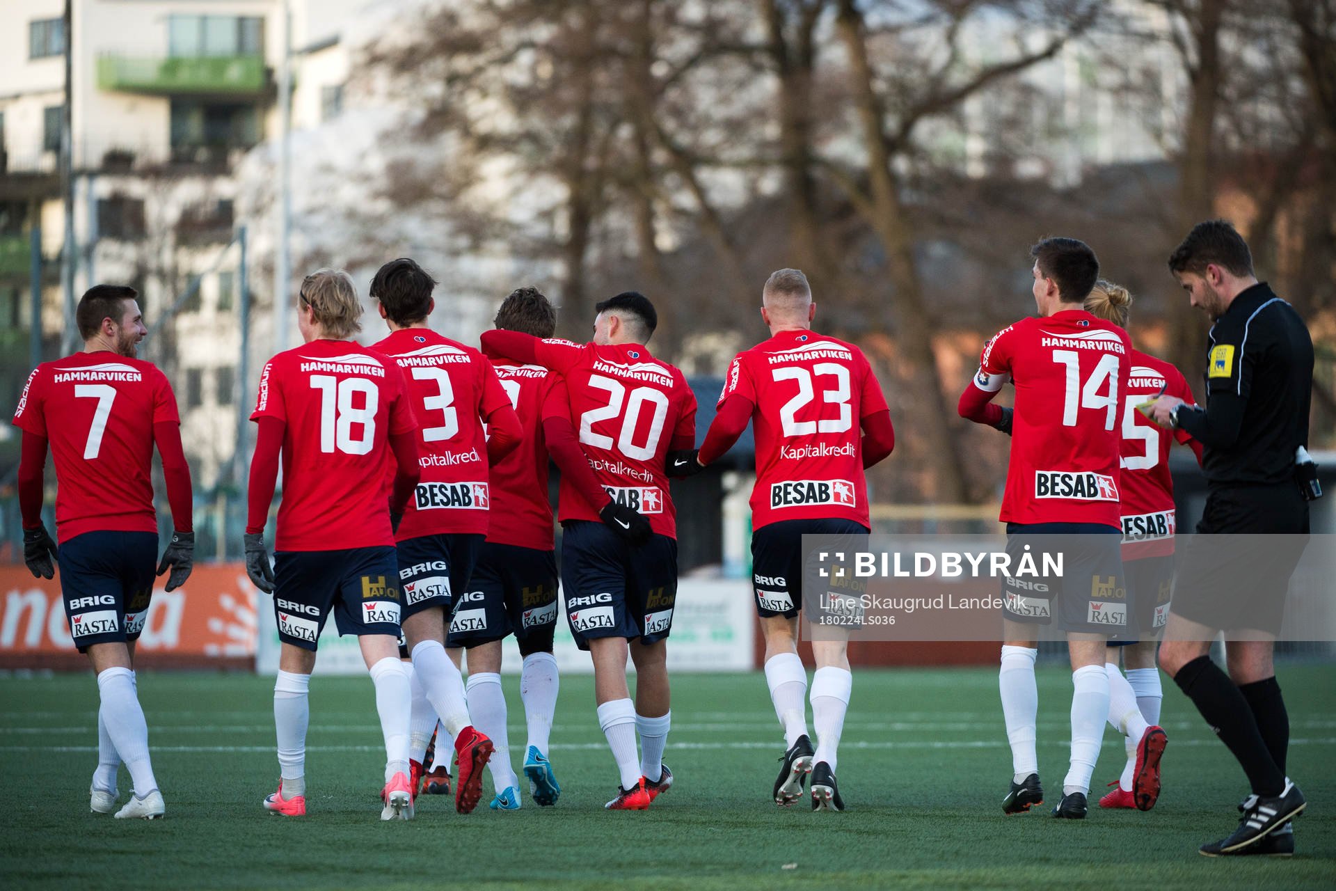 Örgrytes spelare jublar efter mål under en träningsmatch mellan Örgryte och Falkenberg den 24 februari 2018 i Göteborg.