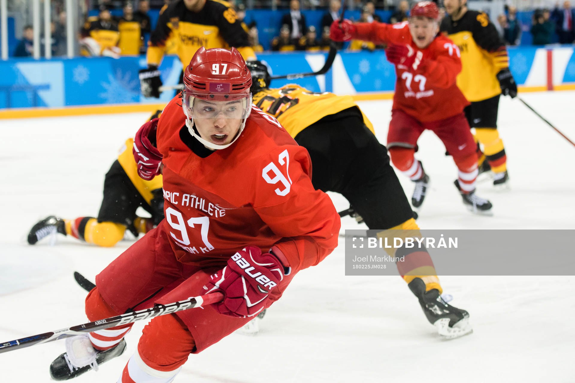 Nikita Gusev Of Russia (OAR) celebrates the 2-1 goal in the