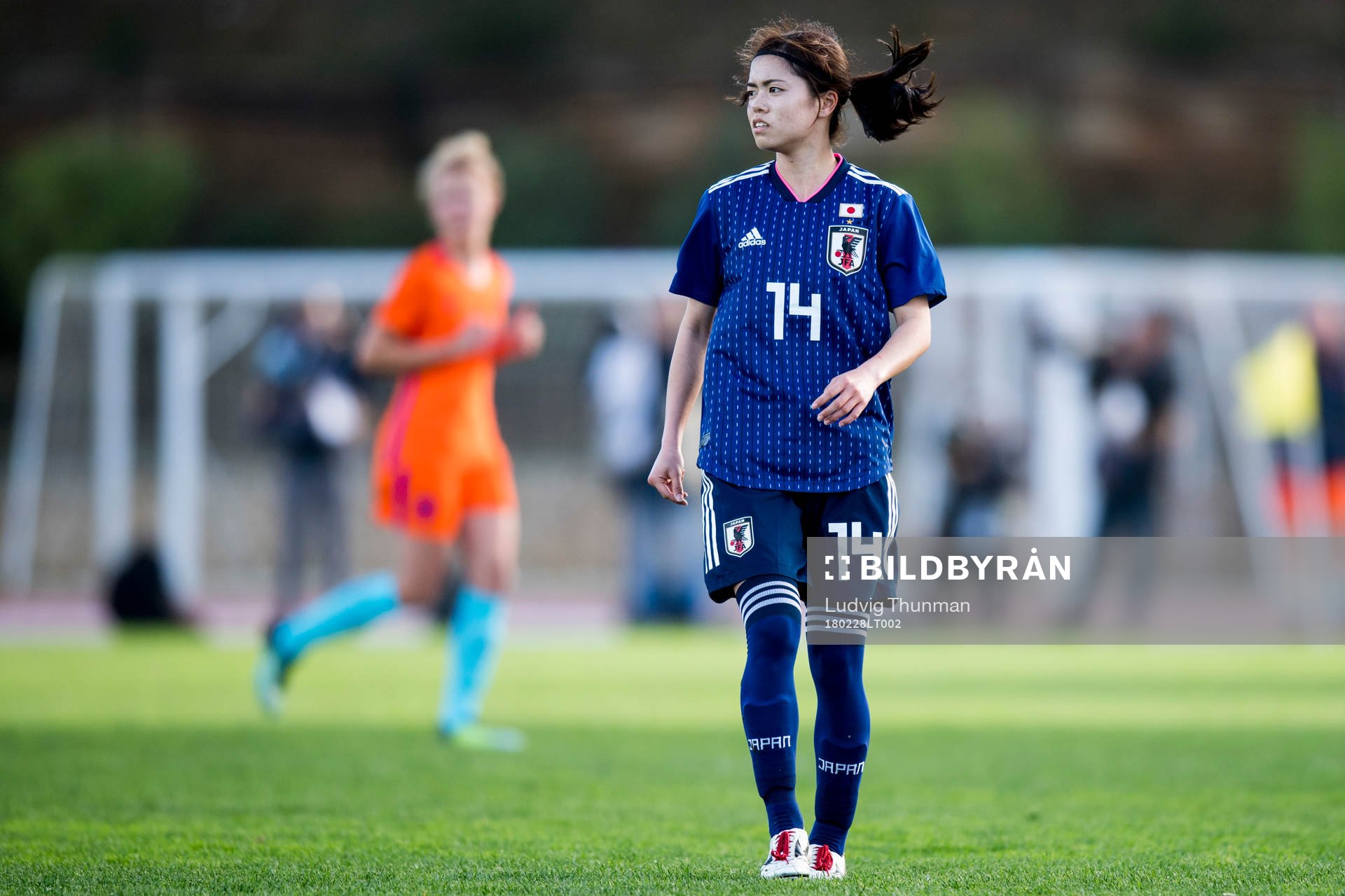Japans Yui Hasegawa under fotbollsmatchen i Algarve Cup 2018 mellan Japan och Nederländerna den 28 februari 2018 i Parchal.