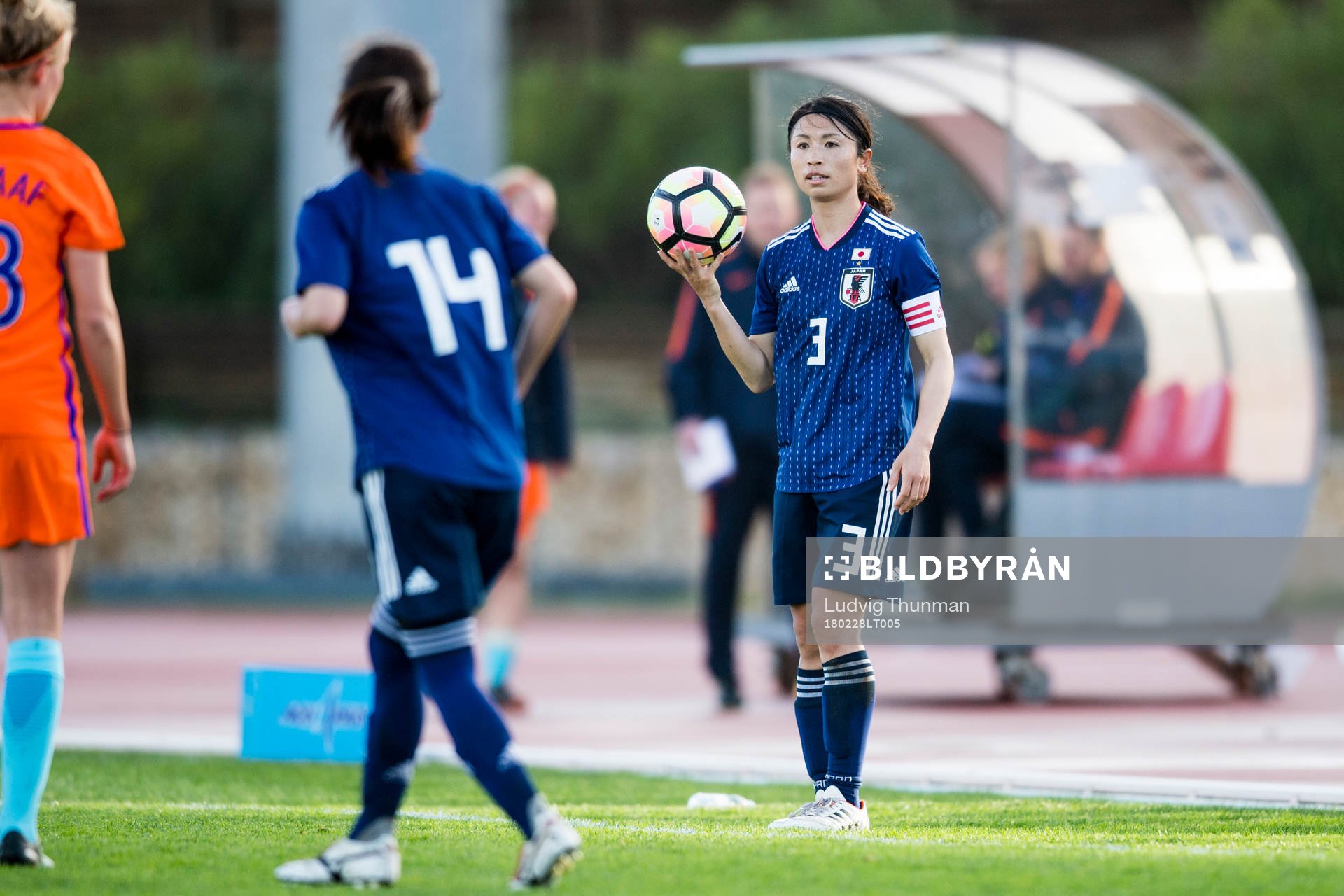 Japans Aya Sameshima under fotbollsmatchen i Algarve Cup 2018 mellan Japan och Nederländerna den 28 februari 2018 i Parchal.