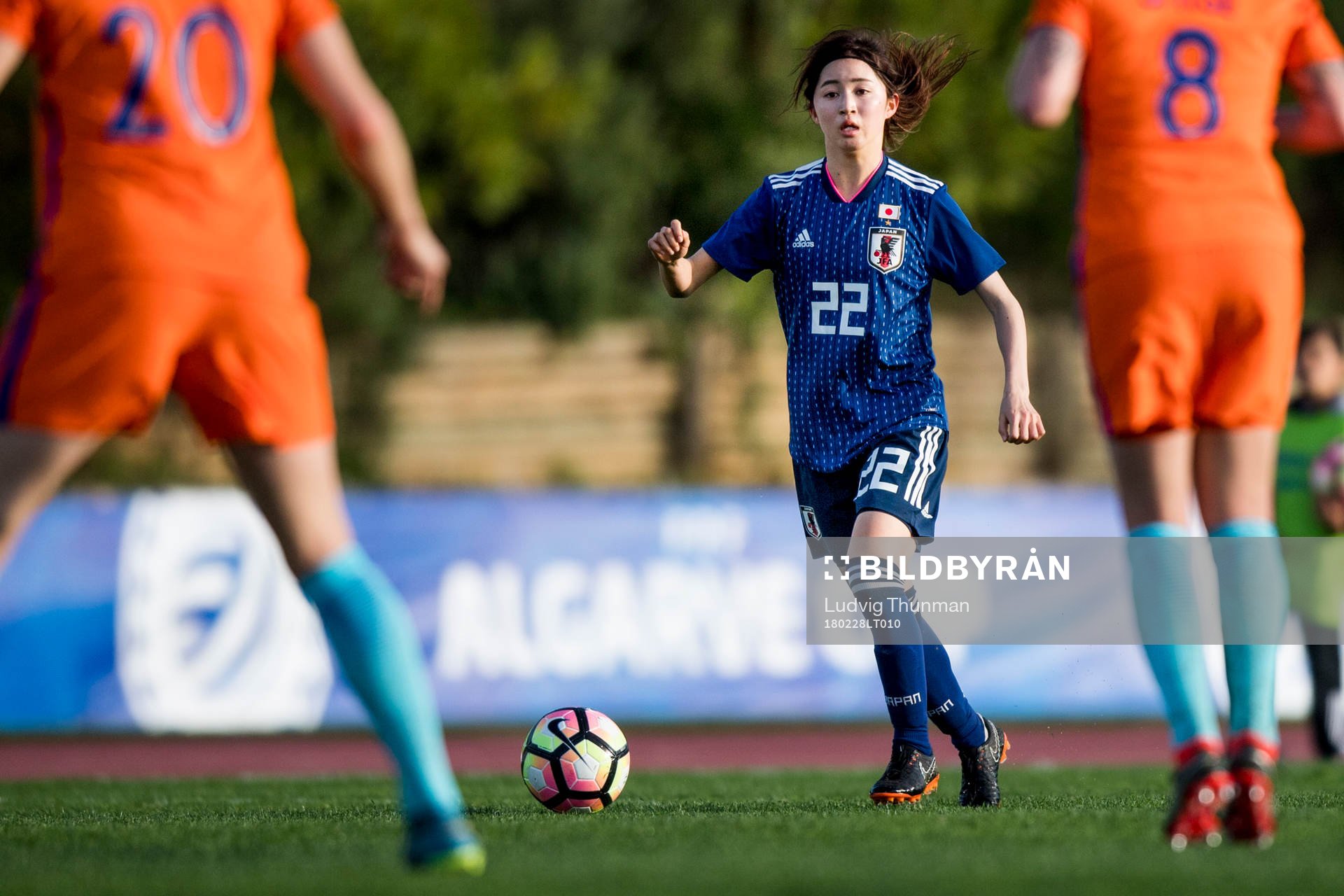 Japans Risa Shimizu under fotbollsmatchen i Algarve Cup 2018 mellan Japan och Nederländerna den 28 februari 2018 i Parchal.