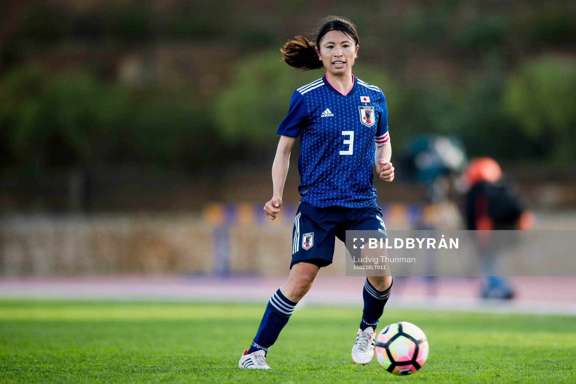 Japans Aya Sameshima under fotbollsmatchen i Algarve Cup 2018 mellan Japan och Nederländerna den 28 februari 2018 i Parchal.