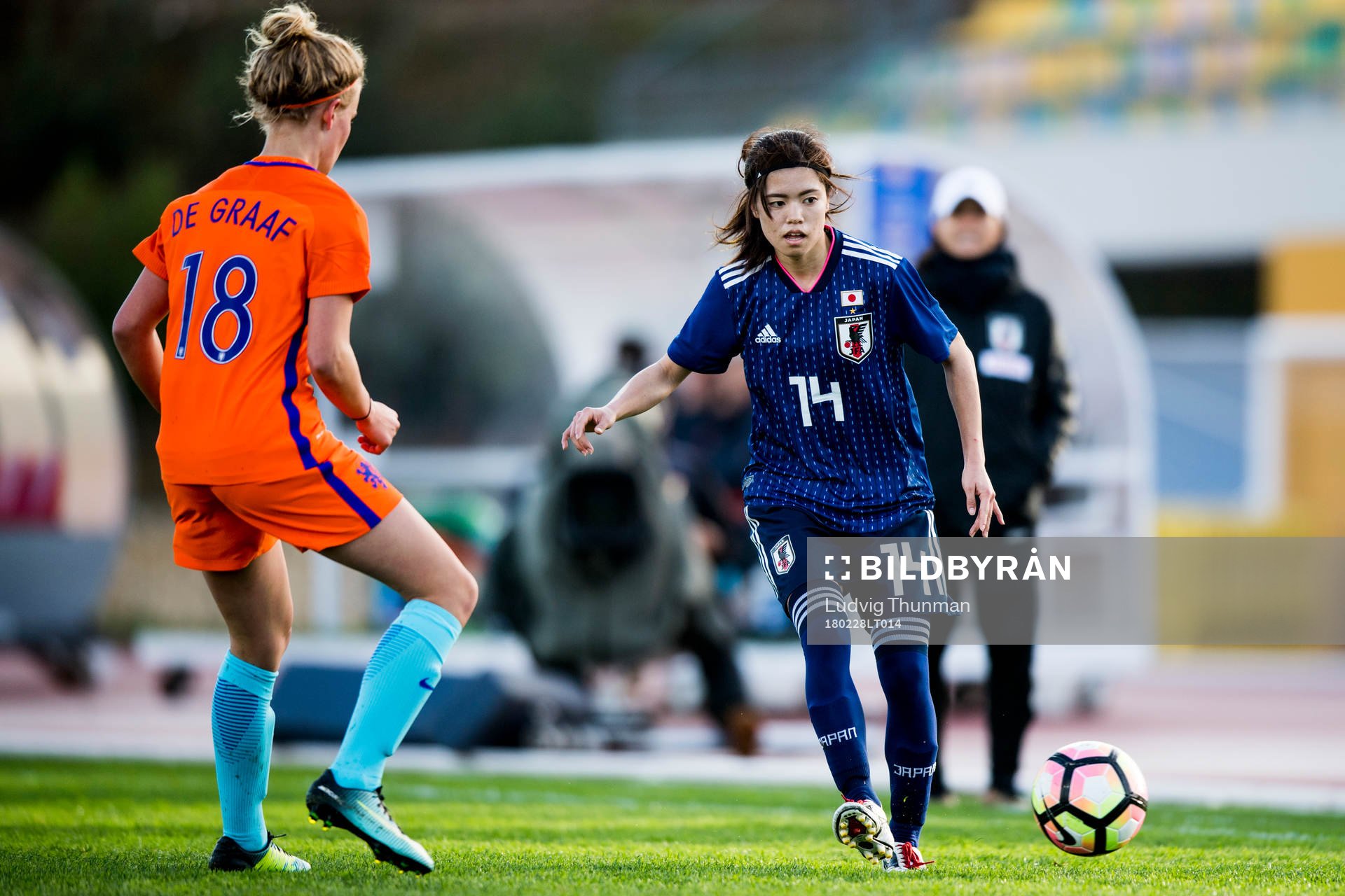 Japans Yui Hasegawa under fotbollsmatchen i Algarve Cup 2018 mellan Japan och Nederländerna den 28 februari 2018 i Parchal.
