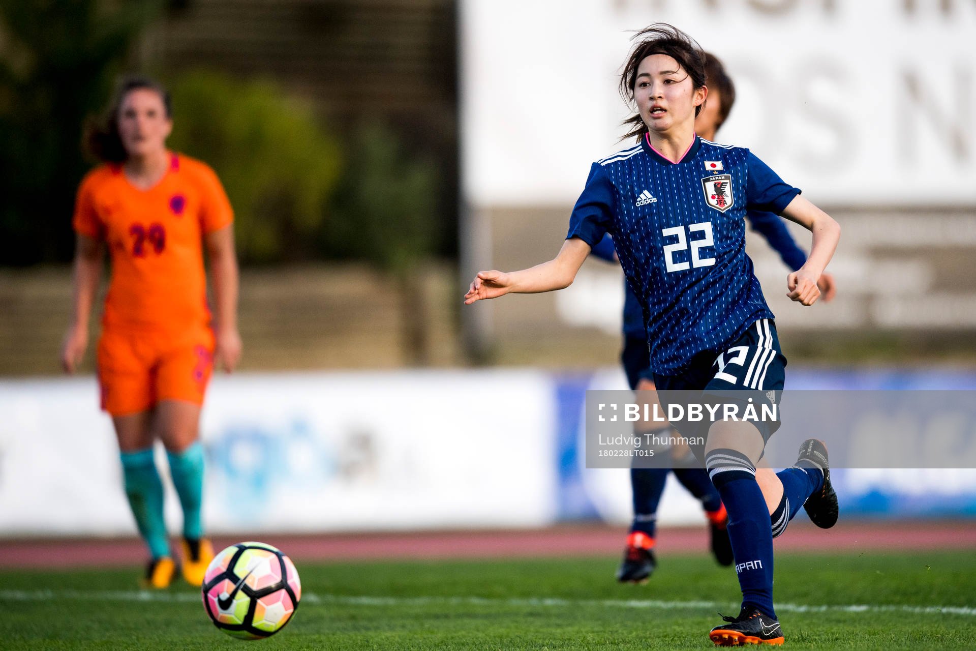 Japans Risa Shimizu under fotbollsmatchen i Algarve Cup 2018 mellan Japan och Nederländerna den 28 februari 2018 i Parchal.