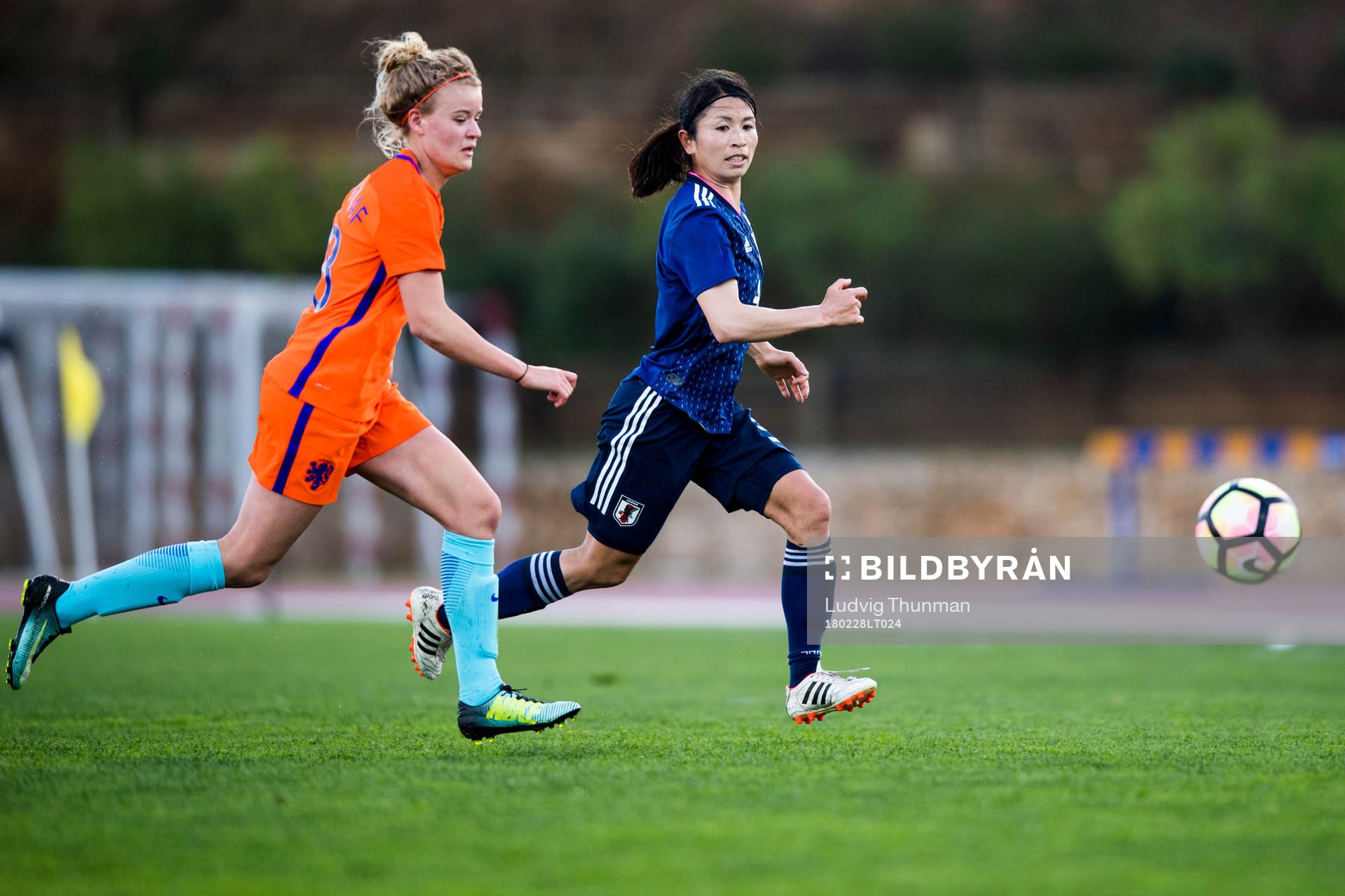 Japans Aya Sameshima under fotbollsmatchen i Algarve Cup 2018 mellan Japan och Nederländerna den 28 februari 2018 i Parchal.