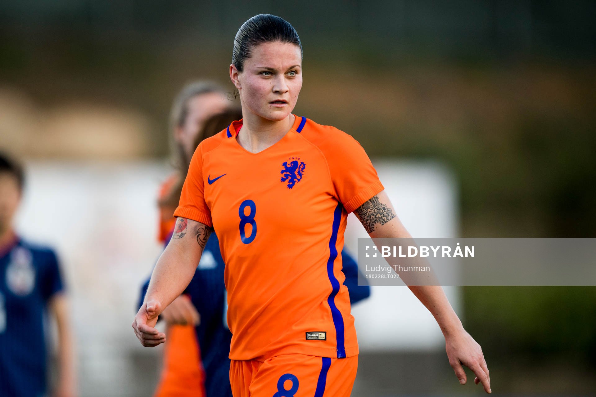 Nederländernas Sherida Spitse under fotbollsmatchen i Algarve Cup 2018 mellan Japan och Nederländerna den 28 februari 2018 i Parchal.