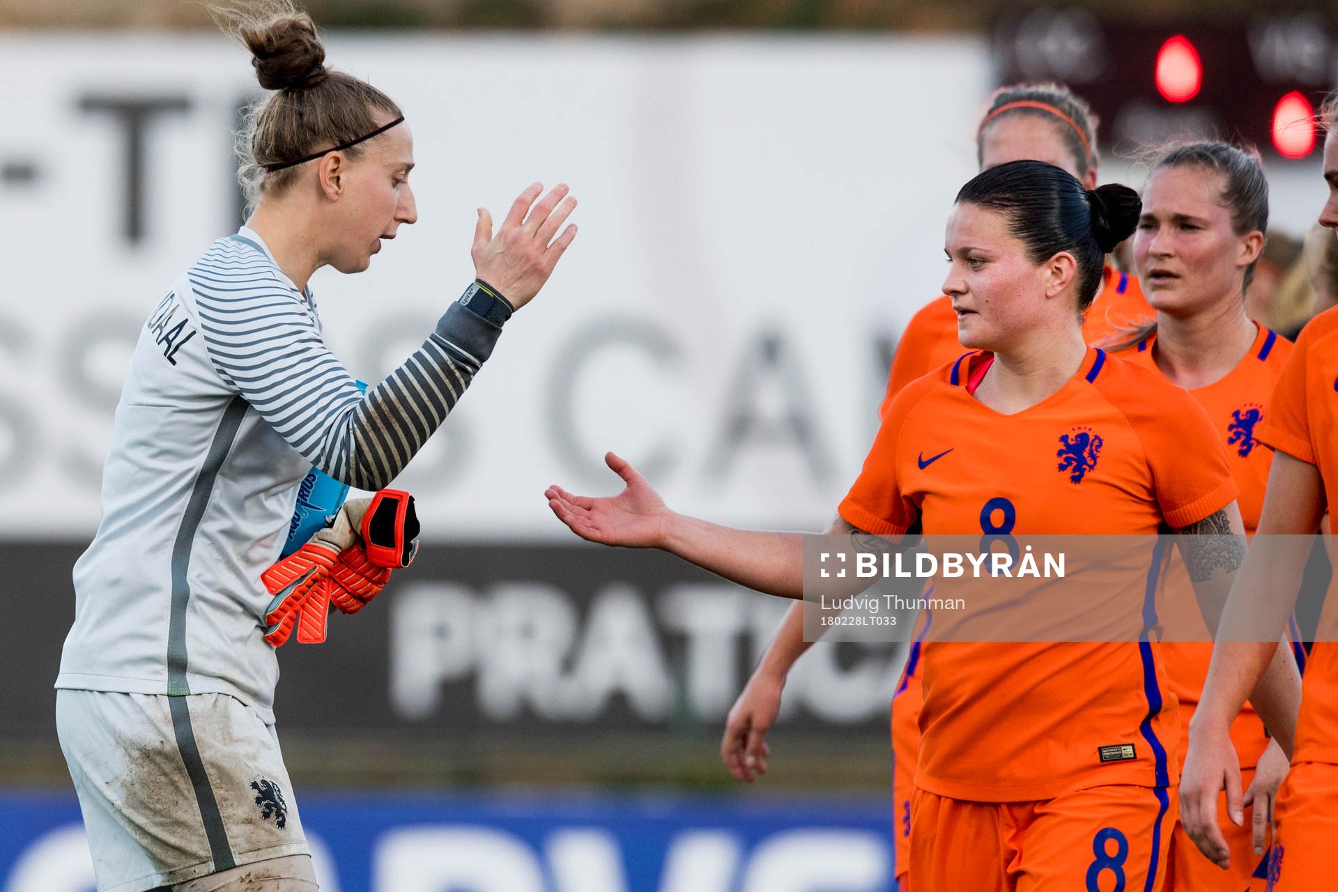 Nederländernas Sari Van Veenendaal jublar med Sherida Spitse under fotbollsmatchen i Algarve Cup 2018 mellan Japan och Nederländerna den 28 februari 2018 i Parchal.