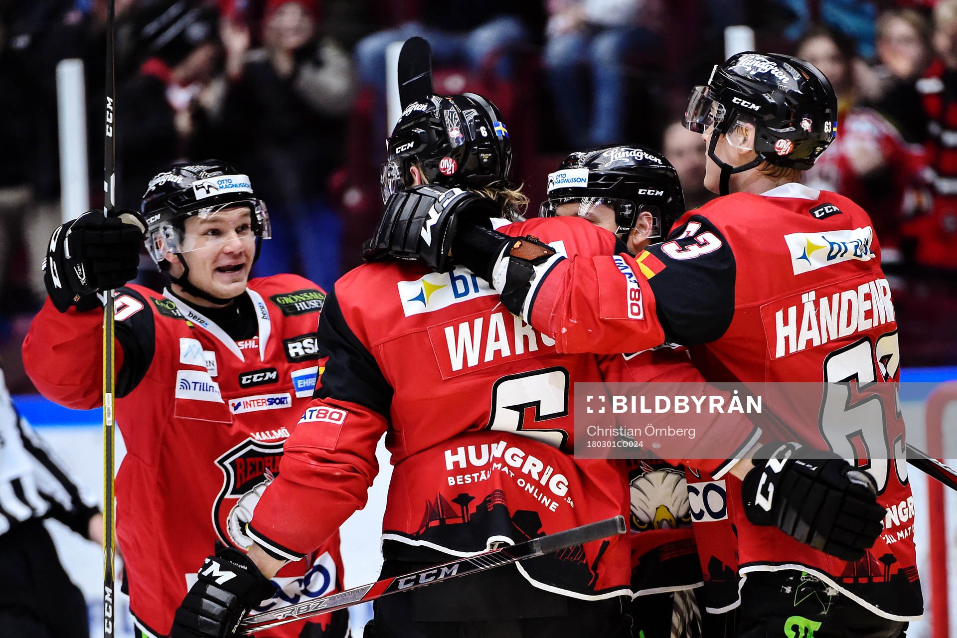 Malmö Redhawks Tobias Ekberg, Stefan Warg (målskytt) och