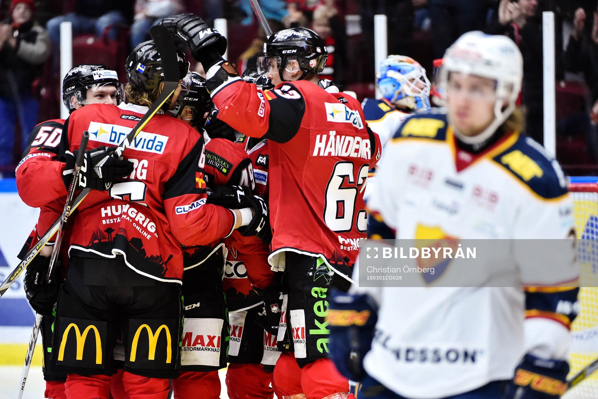 Malmö Redhawks Tobias Ekberg, Stefan Warg (målskytt) och