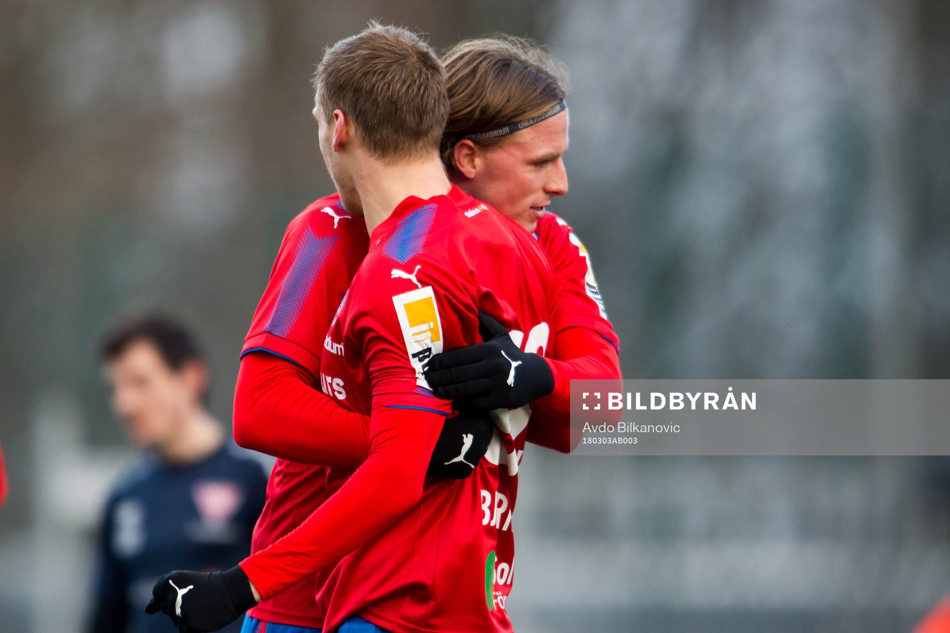 Helsingborgs Anda Runar Bjärnason jublar under fotbollsmatchen i Svenska Cupen mellan Helsingborg och Tvååker den 3 mars 2018 i Helsingborg.