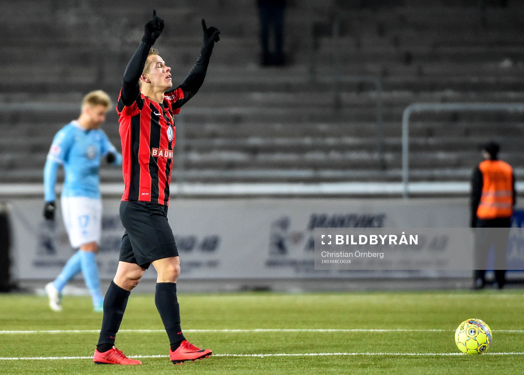 Brommapojkarnas Bajram Ajeti jublar efter 2-1 under fotbollsmatchen i Svenska Cupen mellan Malmö FF och Brommapojkarna den 4 mars 2018 i Malmö.