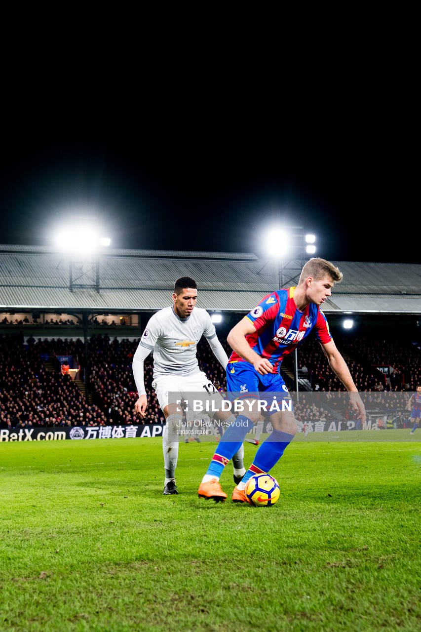 Chris Smalling of Manchester United and Alexander Sørloth of Crystal Palace during the Premier League match between Crystal Palace and Manchester United on March 5, 2018 in London.