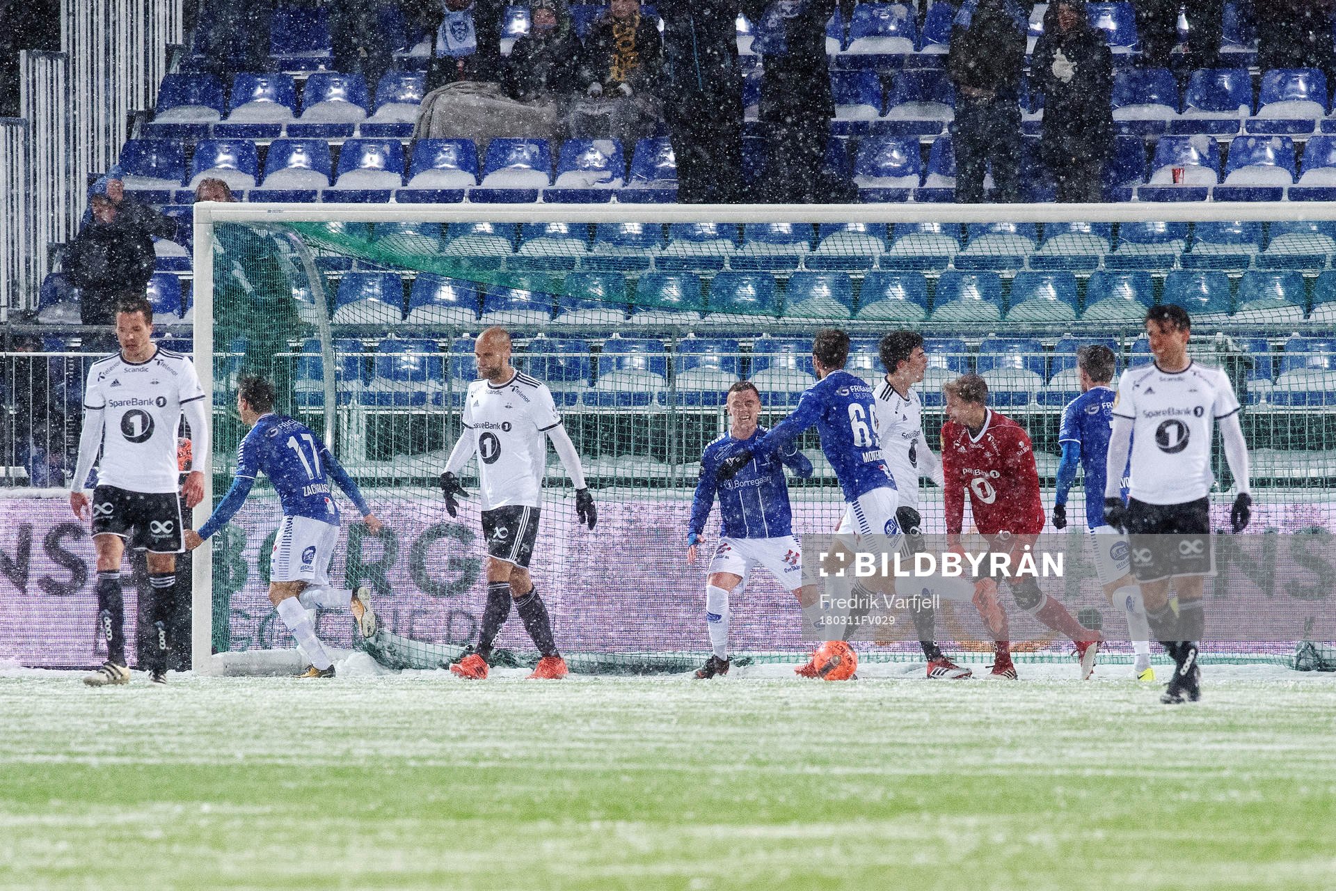 Kristoffer Zachariassen celebrates scoring 1-0 during the Eliteserien match between Sarpsborg 08 and Rosenborg on March 11, 2018 in Sarpsborg.