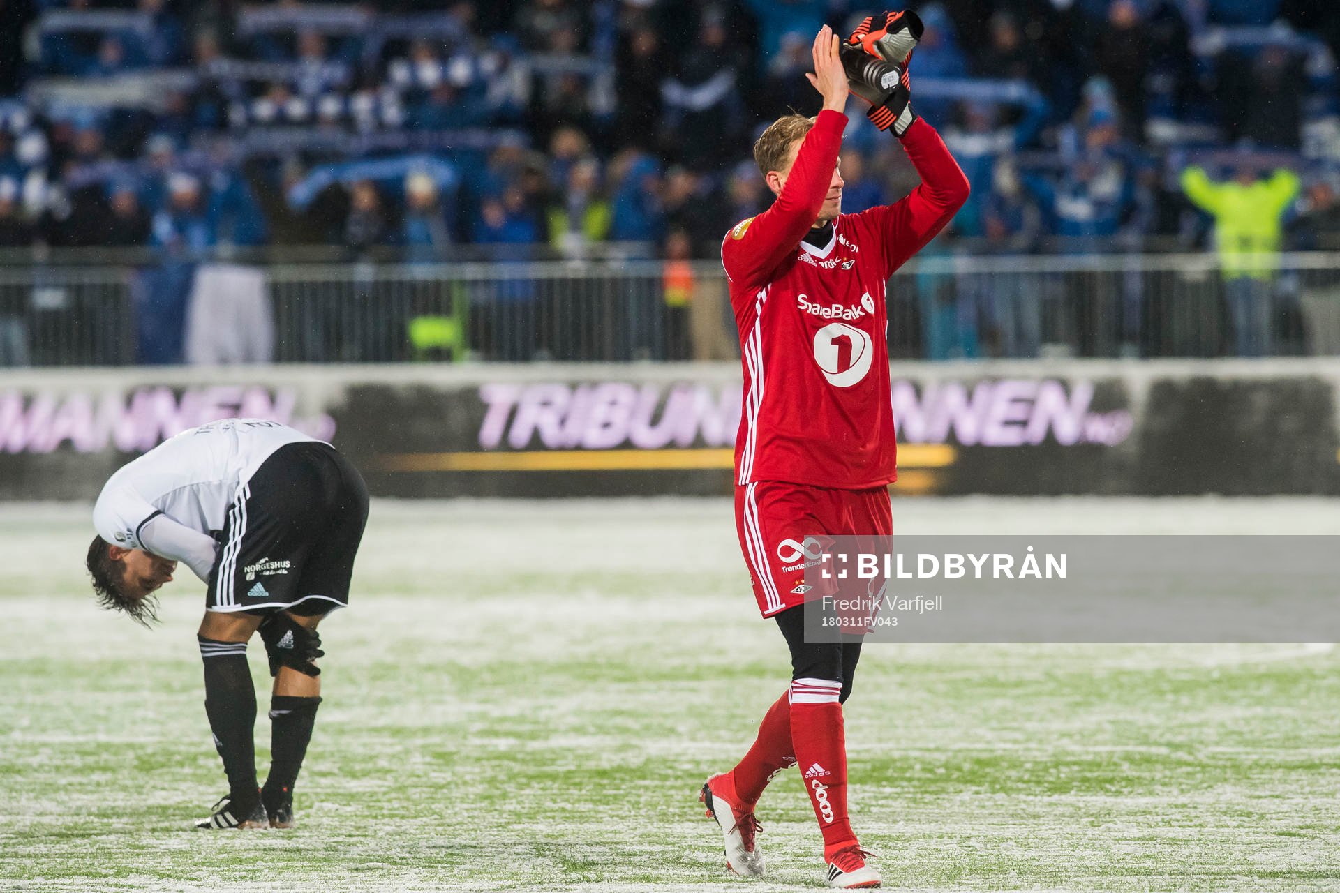 Anders Trondsen and goalkeeper André Hansen of Rosenborg
